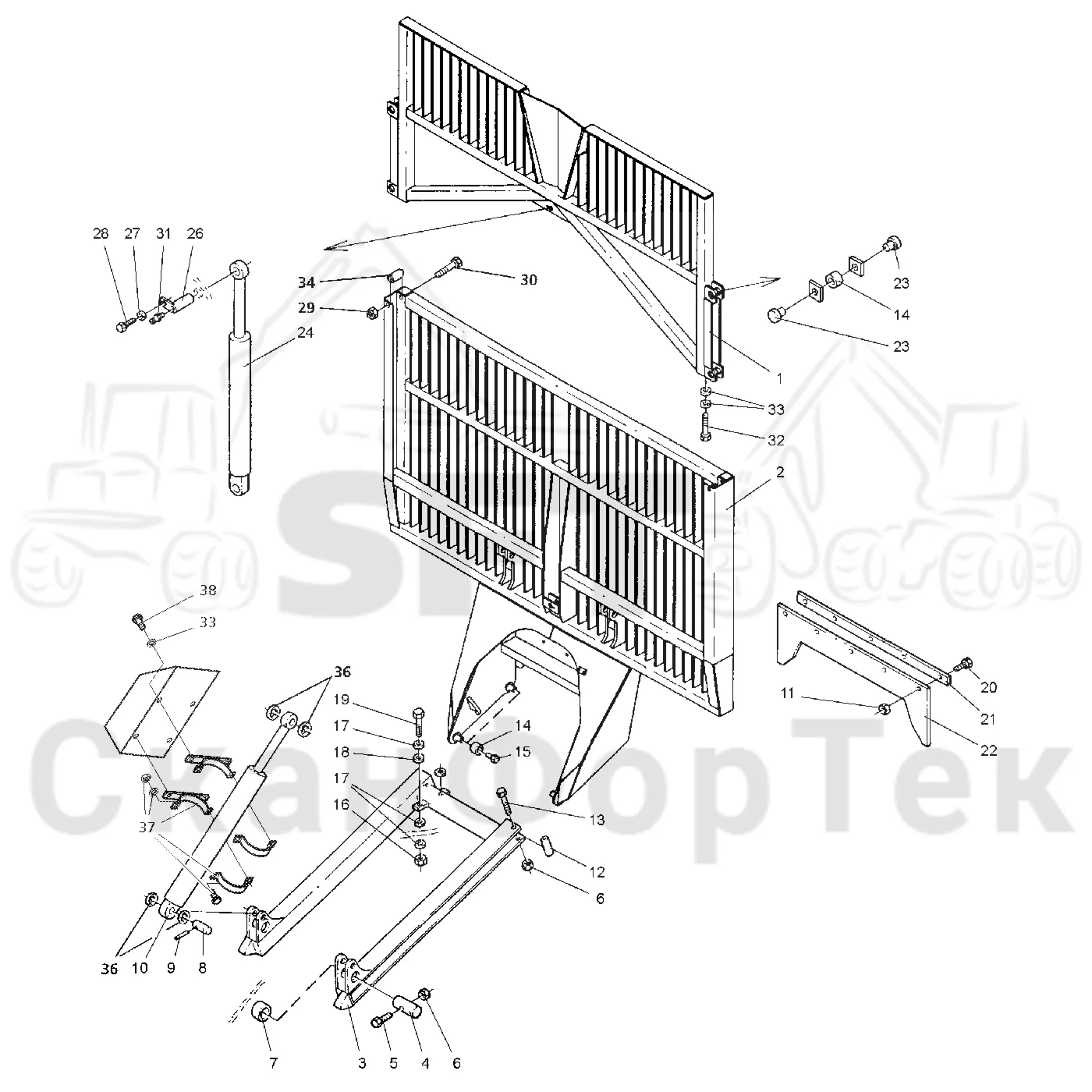 Схема: Valmet / Форвардер / Valmet 860.1 / Valmet 860.1 Ch. -115420 / Valmet 860.1 Ch. -115420 / Каталог запасных частей / шасси / Зона погрузки / Gate hydraulic movable / Gate hydraulic expanding