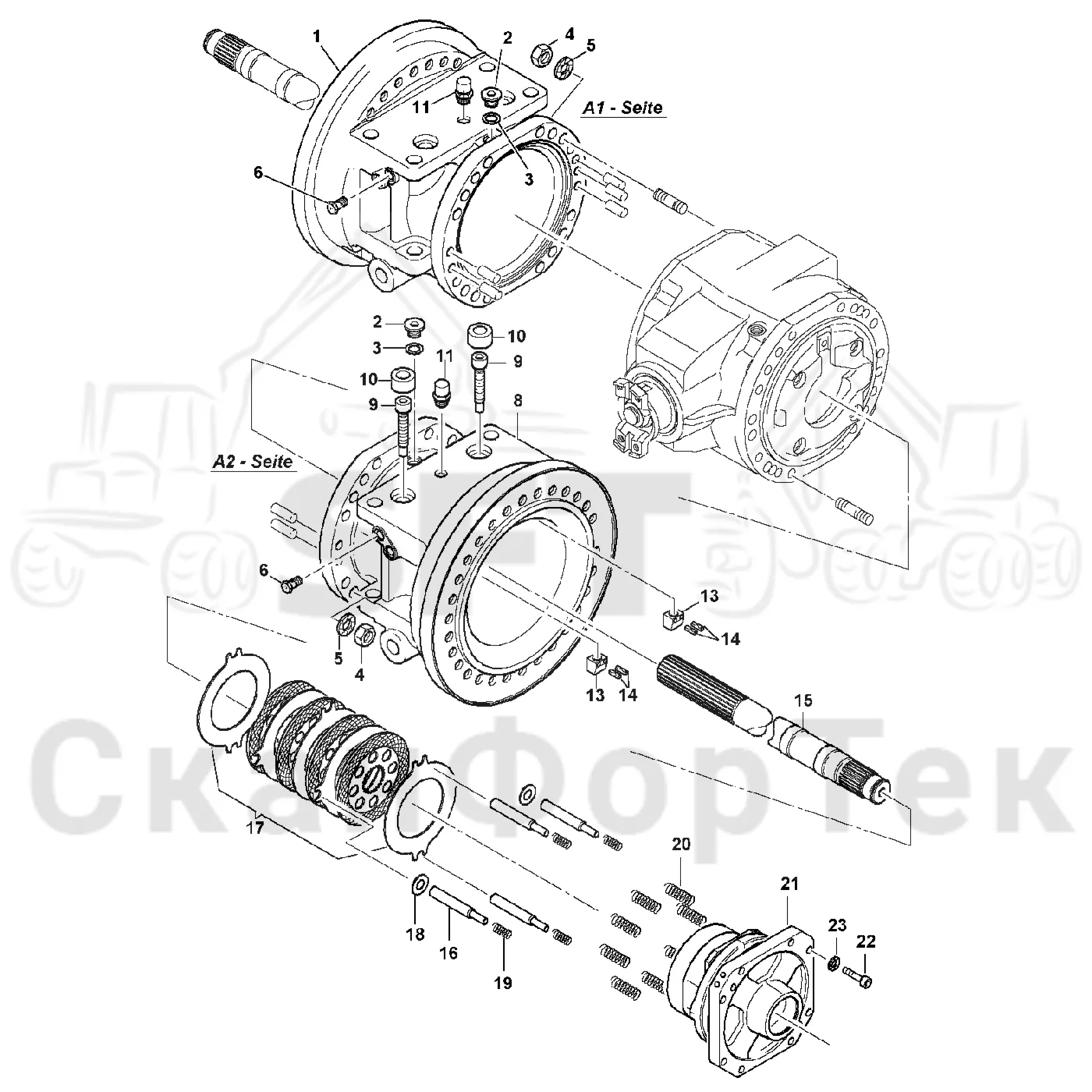 Схема: Valmet / Форвардер / Valmet 840.1 / Valmet 840.1 / Каталог запасных частей / Коробка передач / Мост каретки / каретки / каретки Картер ведущего моста
