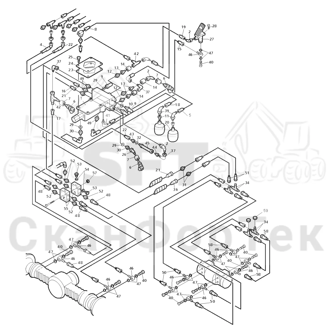 Схема: Valmet / Форвардер / Valmet 840.1 / Valmet 840.1 / Каталог запасных частей / Тормоза / Тормоза на 6 колес / Ch. -117659 / Тормозная система на 6 колес