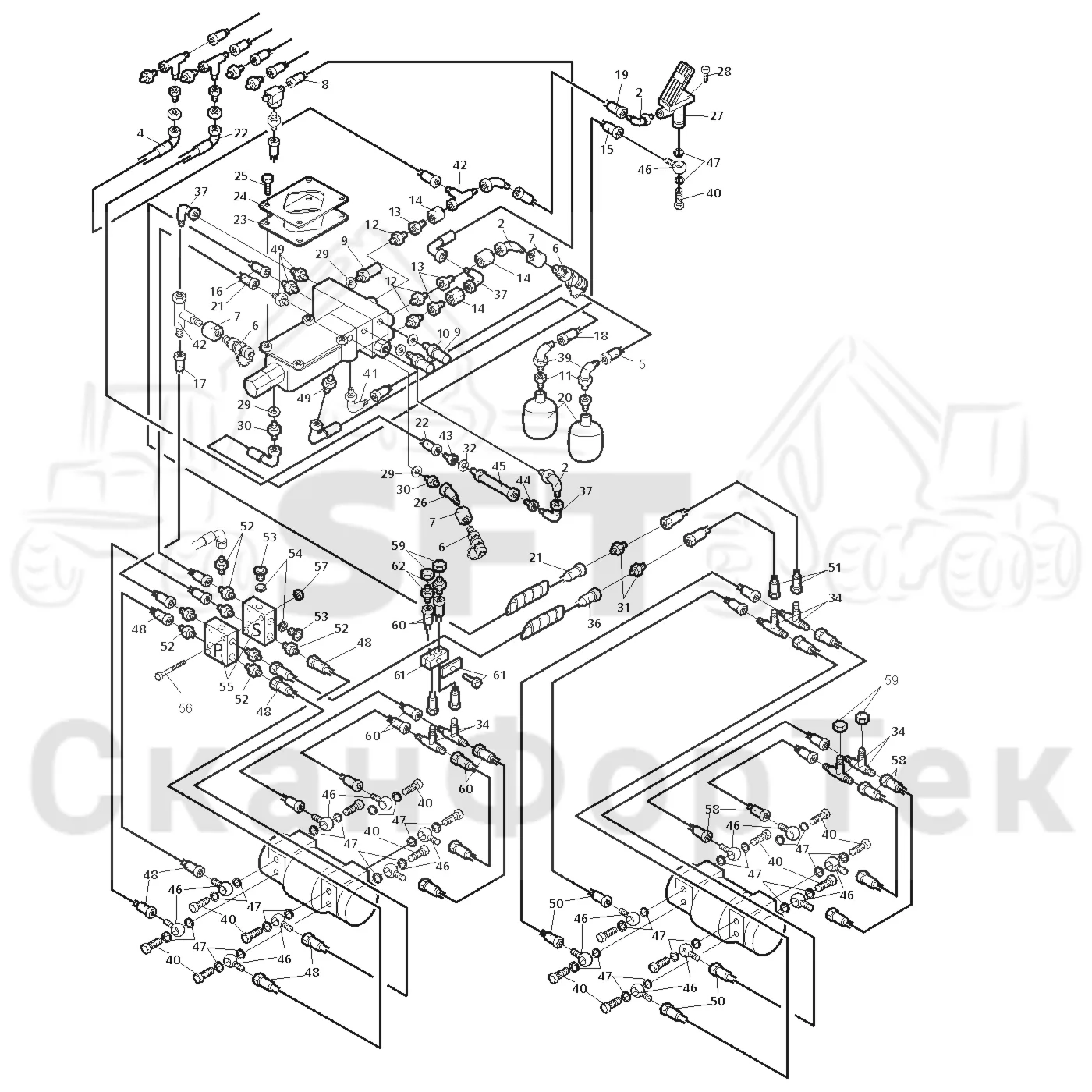 Схема: Valmet / Форвардер / Valmet 840.1 / Valmet 840.1 / Каталог запасных частей / Тормоза / Тормоза на 8 колес / Ch. -119729 / Тормозная система на 8 колес