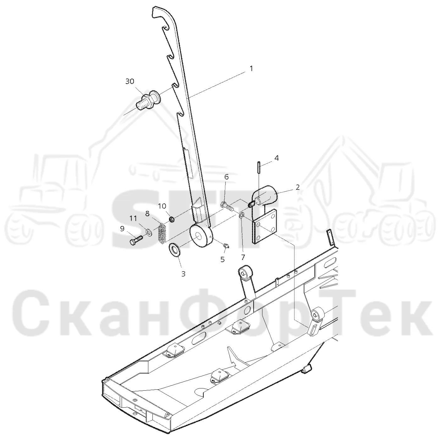 Схема: Valmet / Форвардер / Valmet 860.1 / Valmet 860.1 Ch. -115420 / Valmet 860.1 Ch. -115420 / Каталог запасных частей / Кабина / Кабина / Установка кабины / Стопорный рычаг