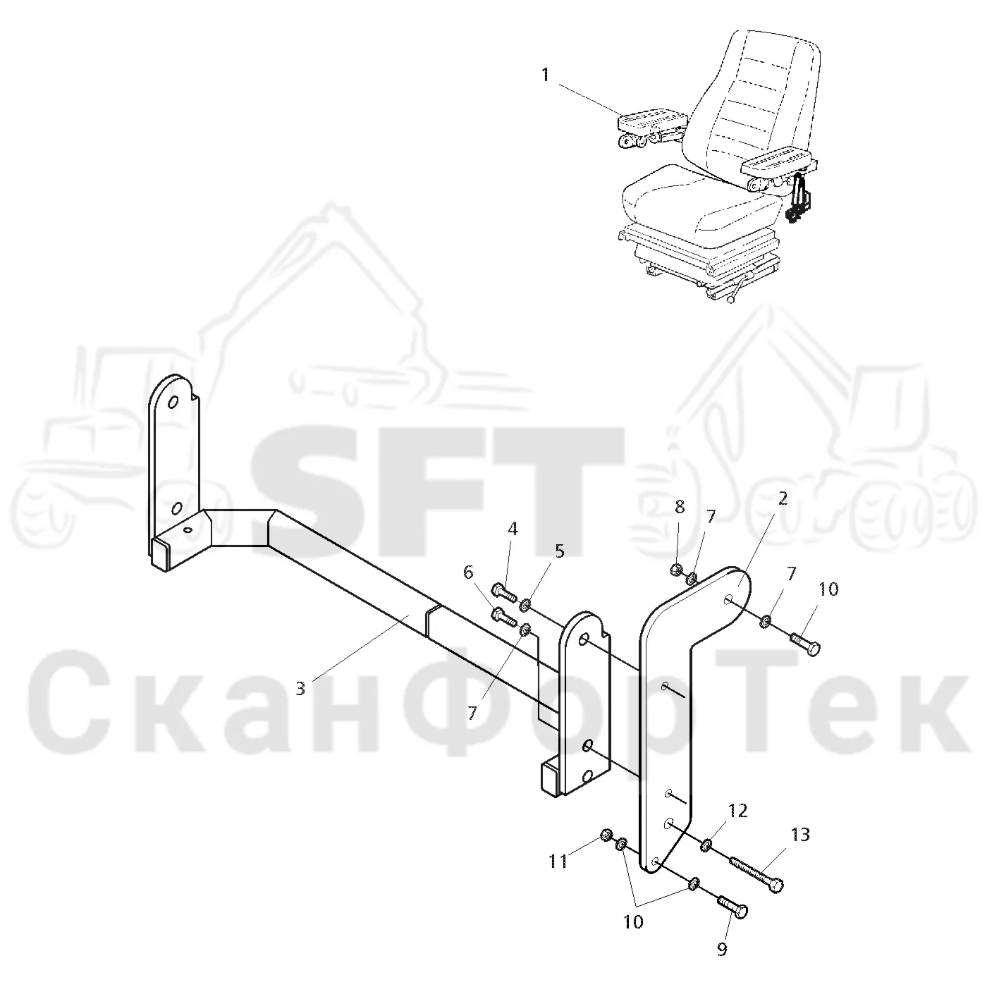 Схема: Valmet / Форвардер / Valmet 840.1 / Valmet 840.1 / Каталог запасных частей / Кабина / Сиденья / Сиденье Be-Ge / Подлокотник