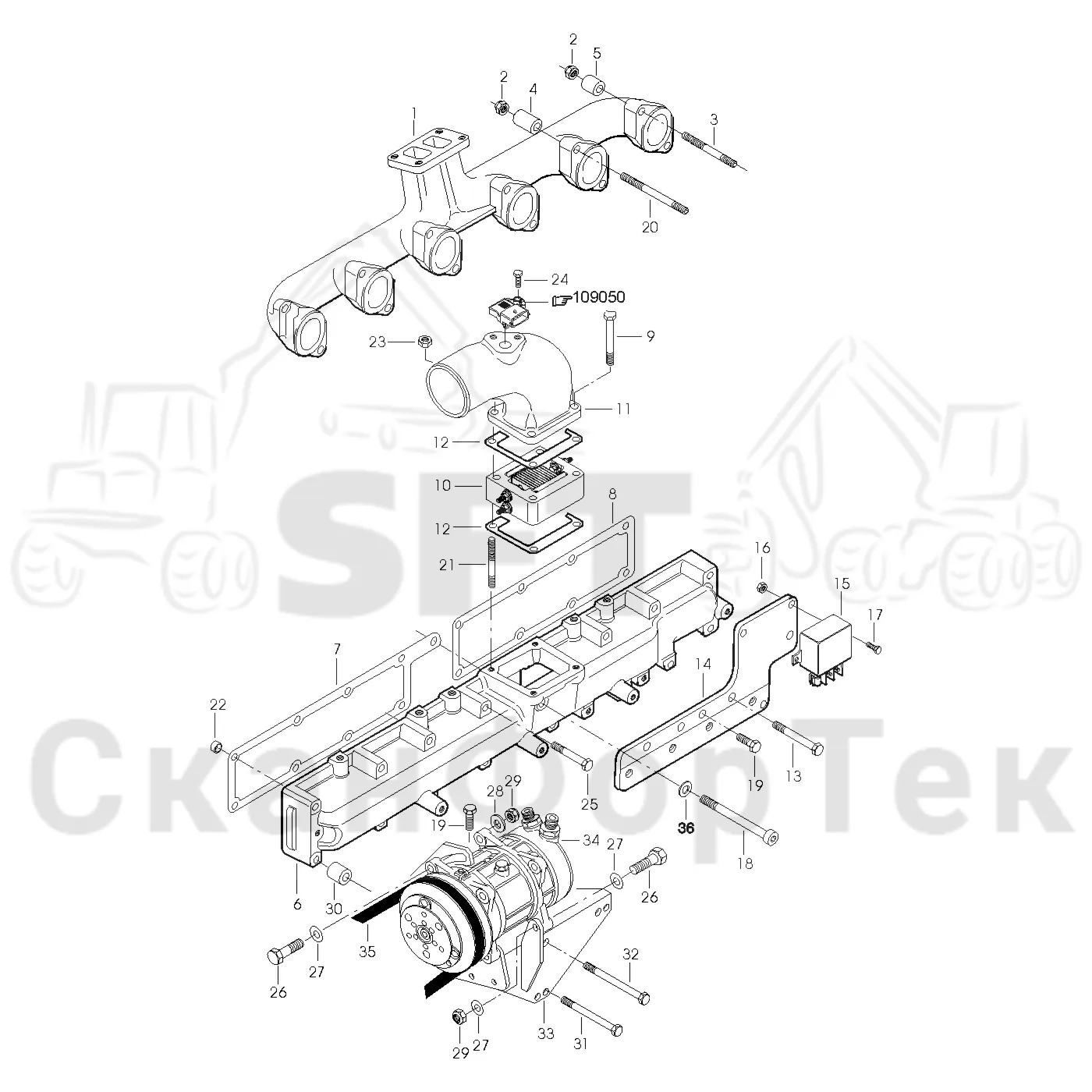 Схема: Valmet / Лесозаготовительные машины / Valmet 901.3 / Valmet 901.3 Ch. 311191- / Valmet 901.3 Ch. 311191- / Каталог запасных частей / Двигатель / Двигатель -311345 / Впуск - выпуск / Впускной и выпускной коллектор
