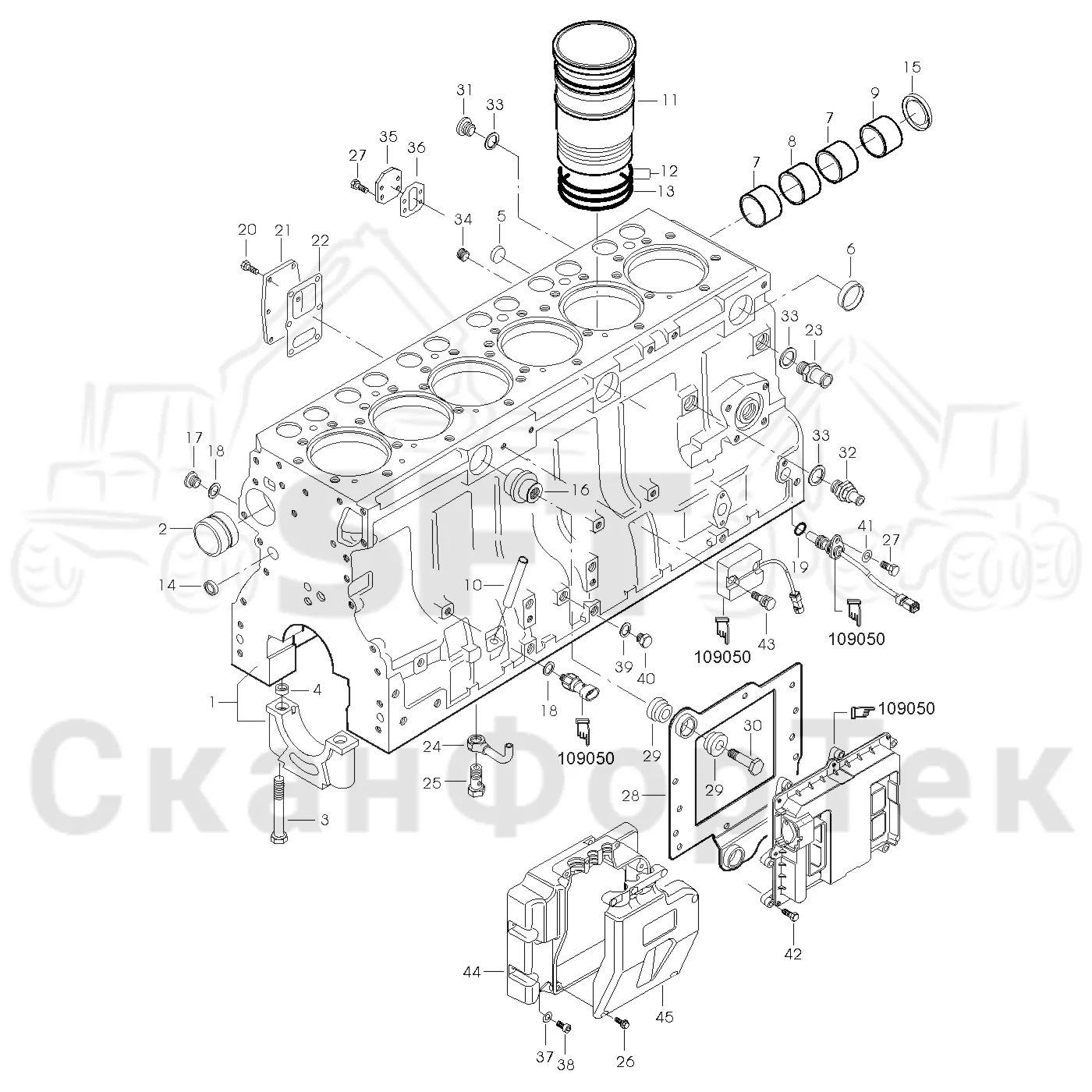 Схема: Valmet / Форвардер / Valmet 860.3 / Valmet 860.3 / Каталог запасных частей / Двигатель / Двигатель -311350 / Блок двигателя / Блок цилиндров