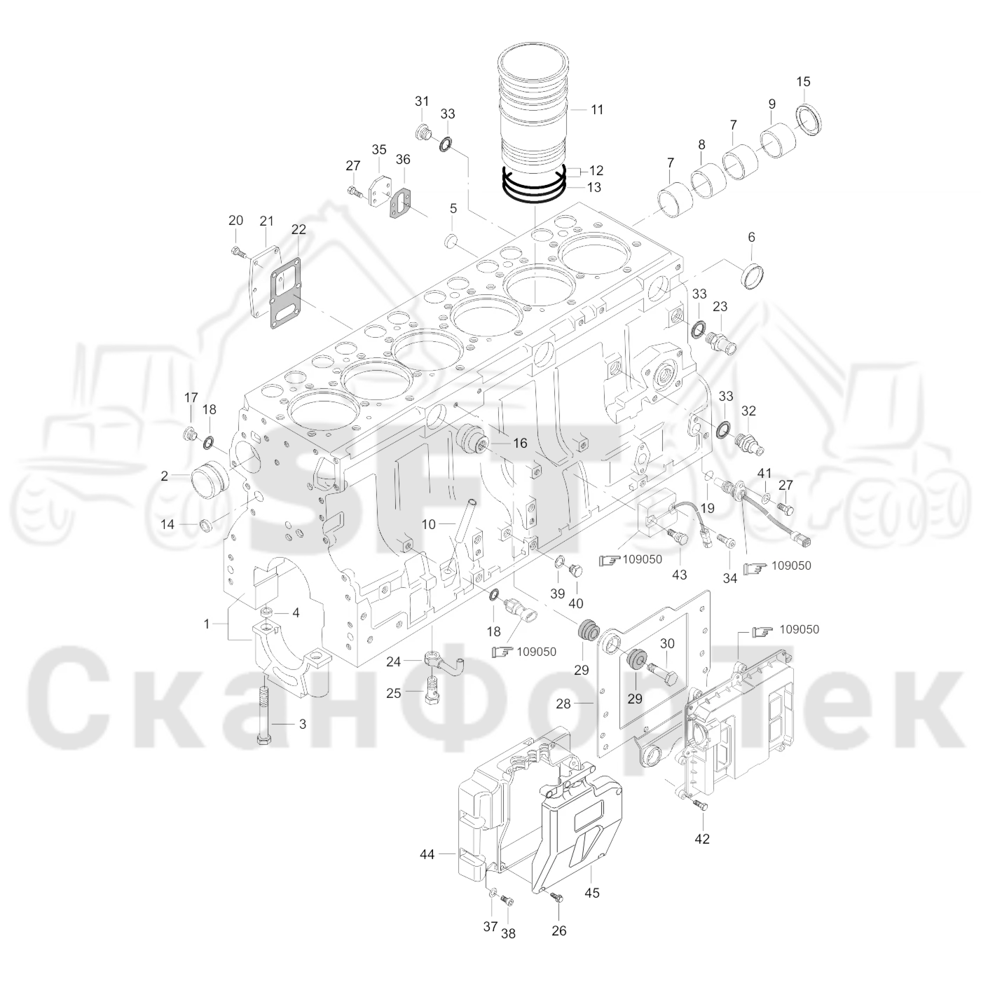 Схема: Valmet / Лесозаготовительные машины / Valmet 901.3 / Valmet 901.3 Ch. 311191- / Valmet 901.3 Ch. 311191- / Каталог запасных частей / Двигатель / Двигатель 311346- / Блок двигателя / Блок цилиндров