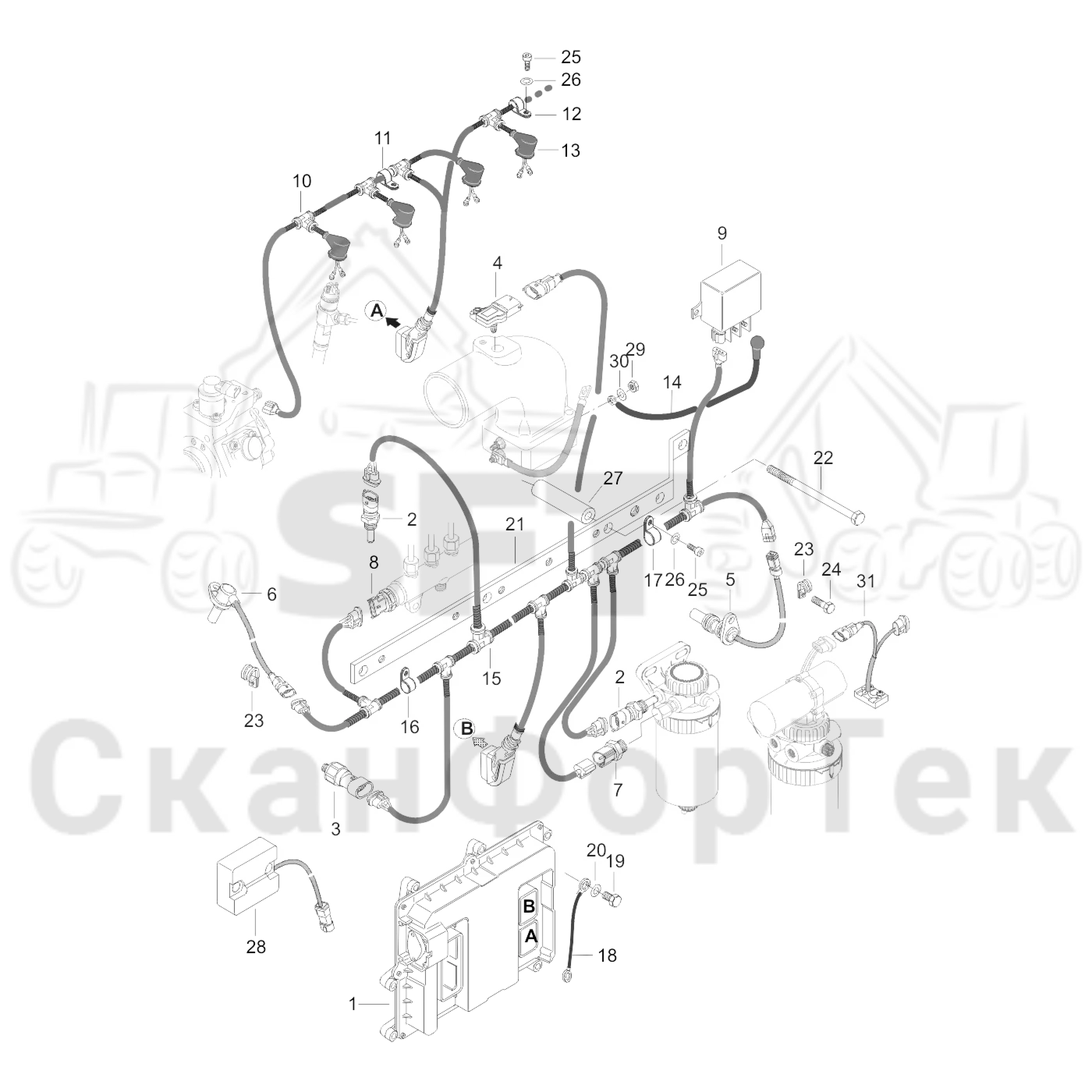 Схема: Valmet / Лесозаготовительные машины / Valmet 901.3 / Valmet 901.3 Ch. 311191- / Valmet 901.3 Ch. 311191- / Каталог запасных частей / Двигатель / Двигатель 311346- / Комплект электрооборудования / EEM Оборудование