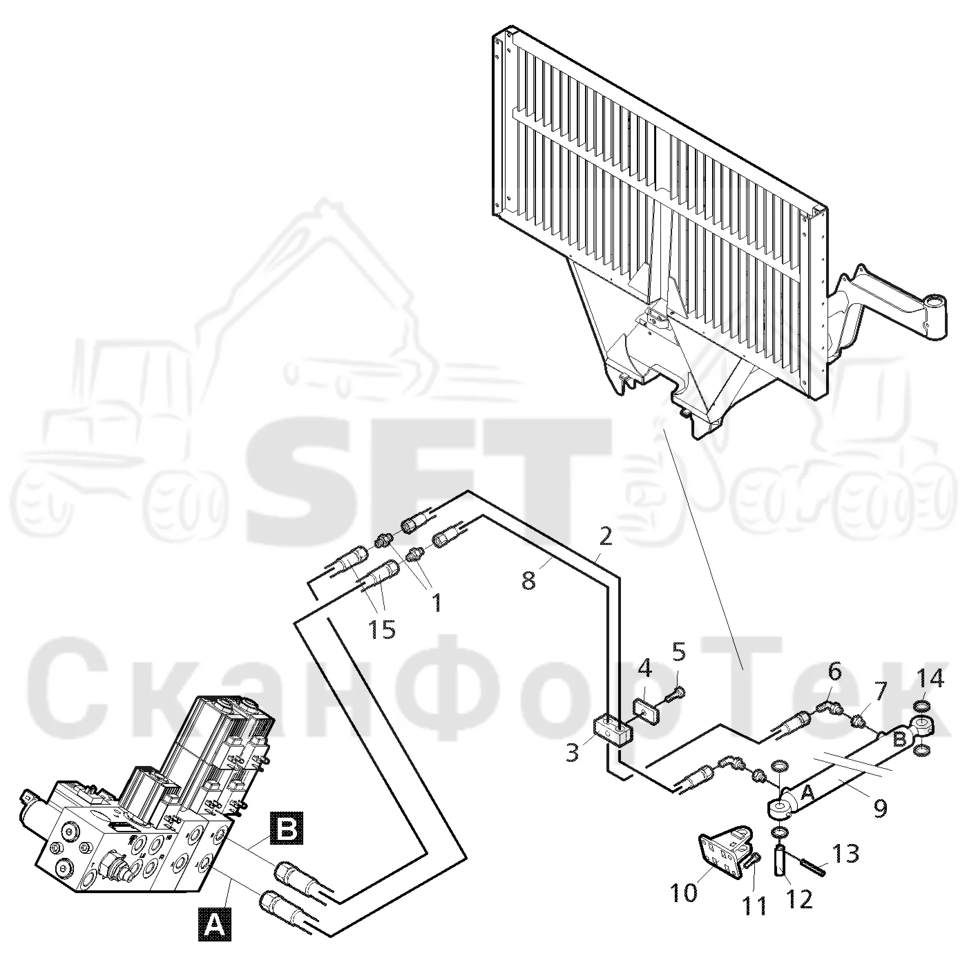 Схема: Valmet / Форвардер / Valmet 860.3 / Valmet 860.3 / Каталог запасных частей / шасси / Зона погрузки / Gate hydraulic movable / Gate movable hydraulics -311176