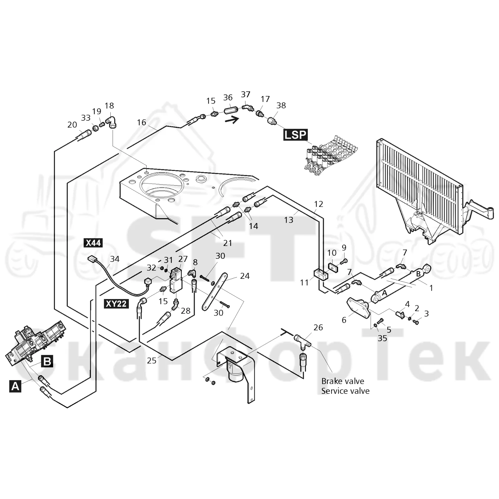 Схема: Valmet / Форвардер / Valmet 860.3 / Valmet 860.3 / Каталог запасных частей / шасси / Зона погрузки / Gate hydraulic movable / Gate movable hydraulics  311177-
