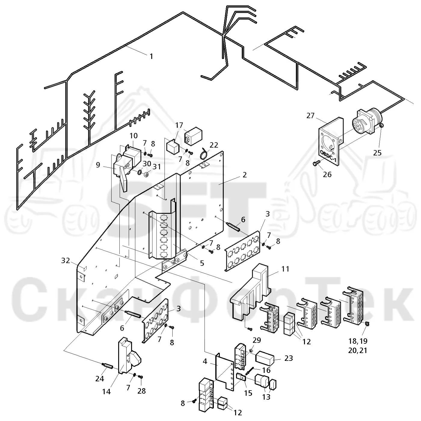 Схема: Valmet / Форвардер / Valmet 840.3 / Valmet 840.3  Ch. 311174- / Valmet 840.3  Ch. 311174- / Каталог запасных частей / Кабина / Электрический / Комплект электрооборудования кабины / Панель