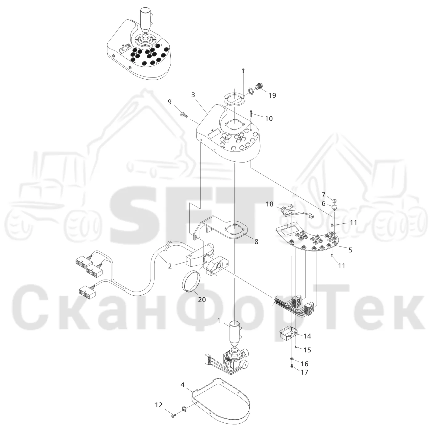 Схема: Valmet / Форвардер / Valmet 840.3 / Valmet 840.3 Ch. -311173 / Valmet 840.3 Ch. -311173 / Каталог запасных частей / Система управления / Регулятор / Электрический набор Малогабаритные рычаги / Рычаги управления правый