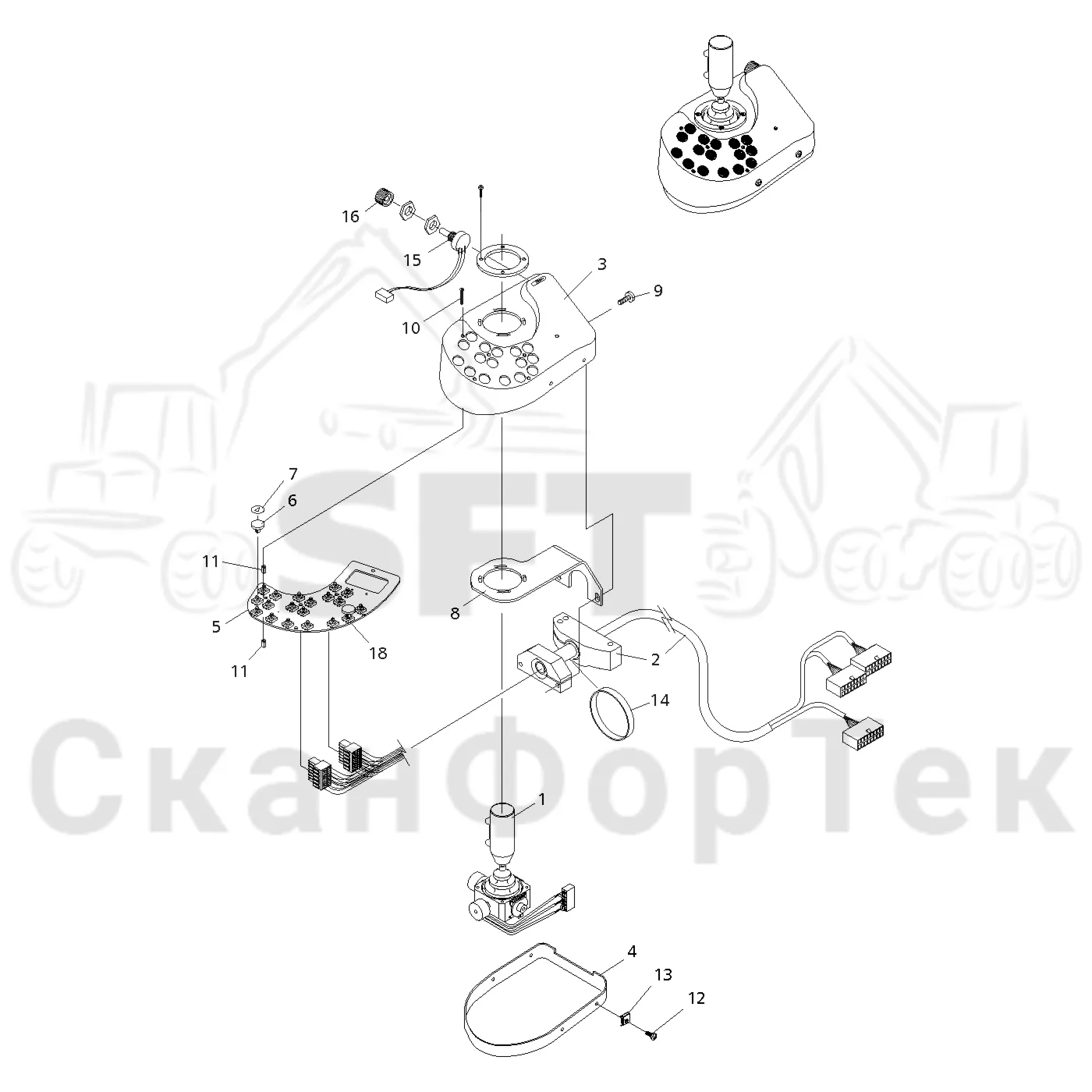 Схема: Valmet / Форвардер / Valmet 840.3 / Valmet 840.3 Ch. -311173 / Valmet 840.3 Ch. -311173 / Каталог запасных частей / Система управления / Регулятор / Электрический набор Малогабаритные рычаги / Рычаги управления левый