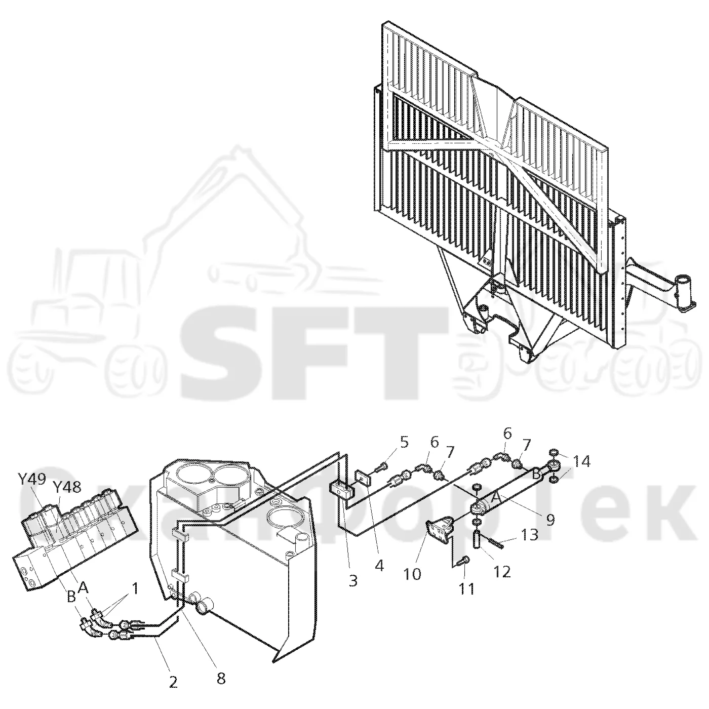 Схема: Valmet / Форвардер / Valmet 890.1 / Valmet 890.1 Ch. -117350, -119440 / Valmet 890.1 Ch. -117350, -11 / Каталог запасных частей / шасси / Зона погрузки / Gate hydraulic movable / Gate movable hydraulics