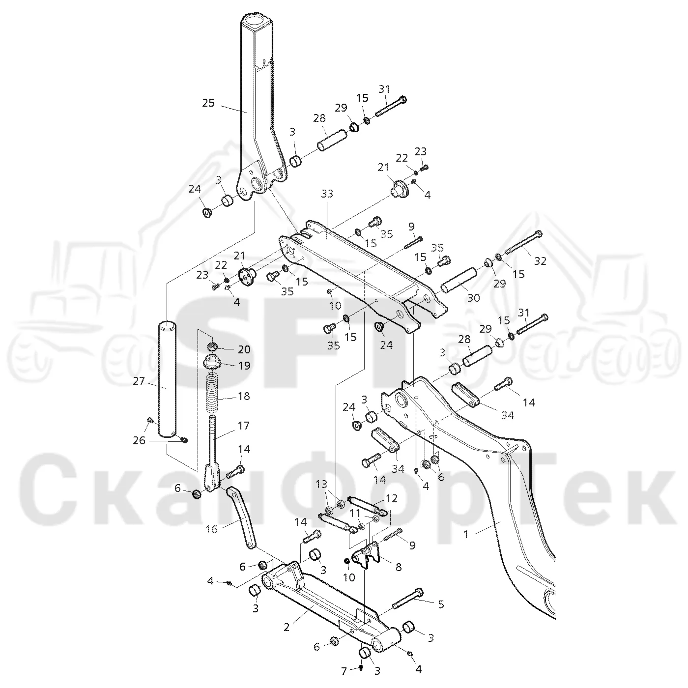 Схема: Valmet / Форвардер / Valmet 890.1 / Valmet 890.1 Ch. 117351-, 119441- / Valmet 890.1 Ch. 117351-, 119 / Каталог запасных частей / шасси / Зона погрузки / Коники и опоры / Опора LoadFlex