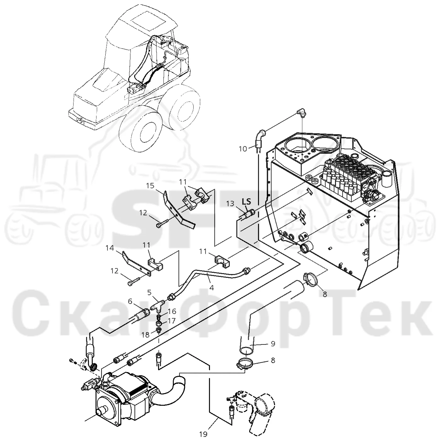 Схема: Valmet / Форвардер / Valmet 890.2 / Valmet 890.2 / Каталог запасных частей / Гидравлика / Гидравлические насосы / Подвод шланга / Подвод шланга 145cc -210904