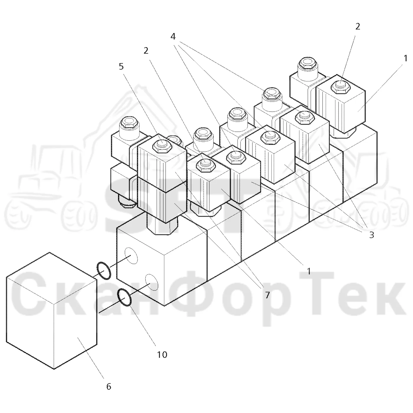 Схема: Valmet / Форвардер / Valmet 890.1 / Valmet 890.1 Ch. 117351-, 119441- / Valmet 890.1 Ch. 117351-, 119 / Каталог запасных частей / Гидравлика / Клапан обслуживания / Клапан обслуживания на 8 колес / Запасные части клапана обслуживания