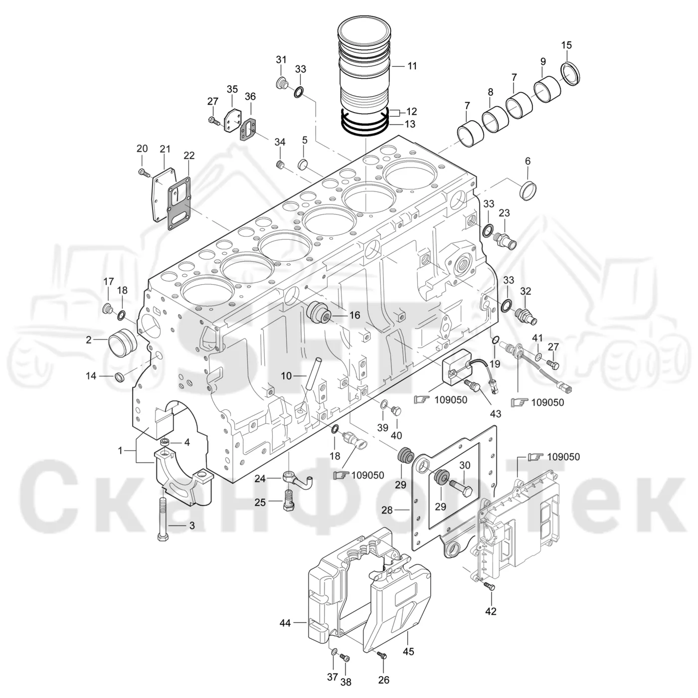 Схема: Valmet / Лесозаготовительные машины / Valmet 911.3 / Valmet 911.3 Ch 311371- / Valmet 911.3 Ch 311372- / Каталог запасных частей / Двигатель / Двигатель -311755 / Блок двигателя / Блок цилиндров