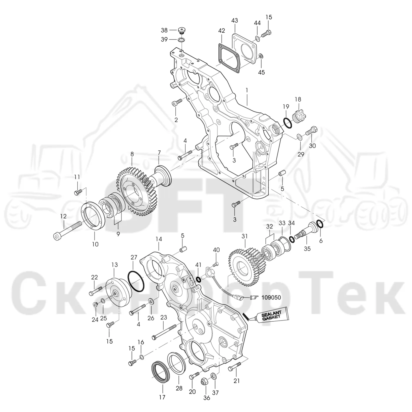 Схема: Valmet / Лесозаготовительные машины / Valmet 911.3 / Valmet 911.3 Ch 311371- / Valmet 911.3 Ch 311372- / Каталог запасных частей / Двигатель / Двигатель -311755 / Блок двигателя / Корпус редуктора
