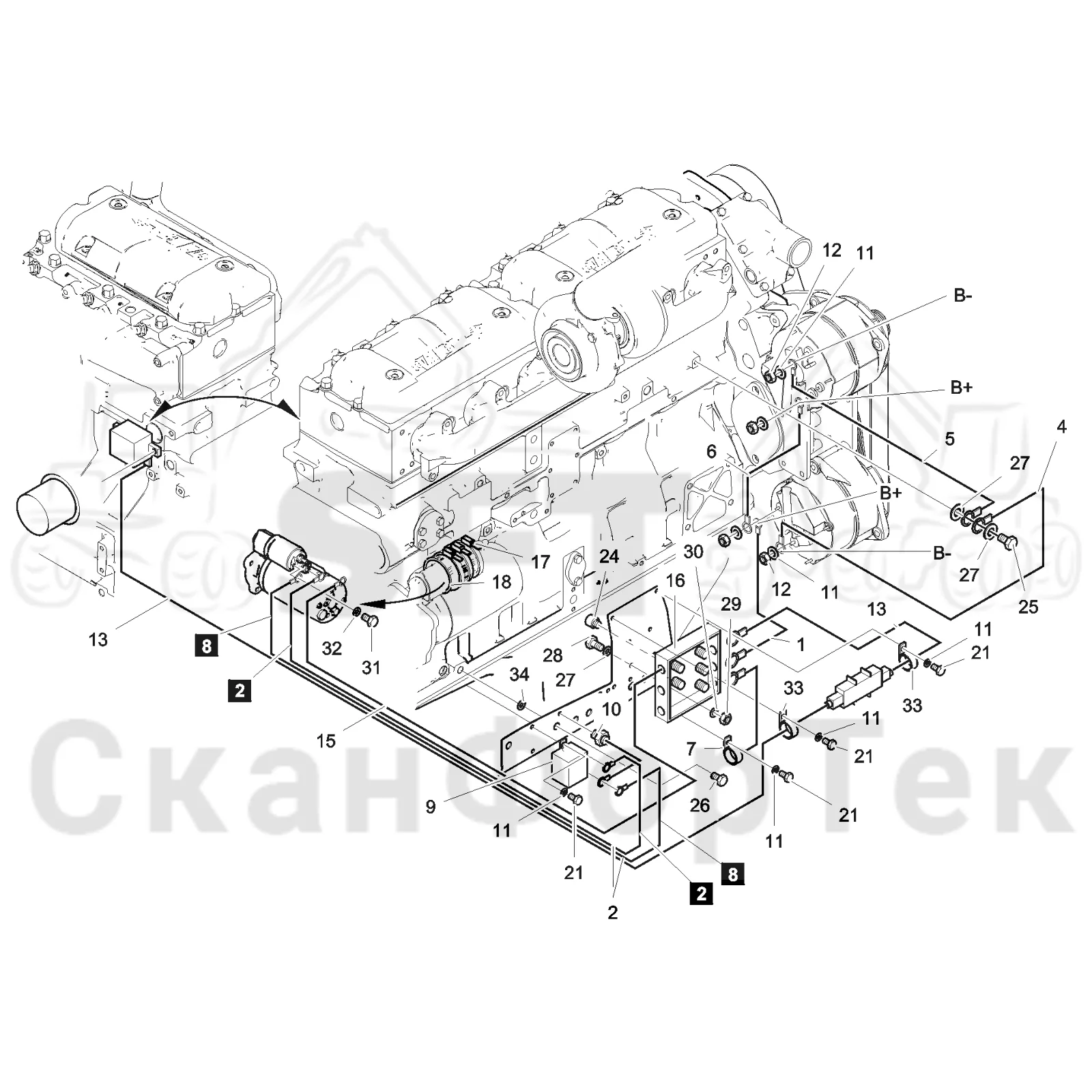 Схема: Valmet / Форвардер / Valmet 890.3 / Valmet 890.3 / Каталог запасных частей / Двигатель / Двигатель -310428 / Генератор переменного тока / Комплект электрооборудования генератора