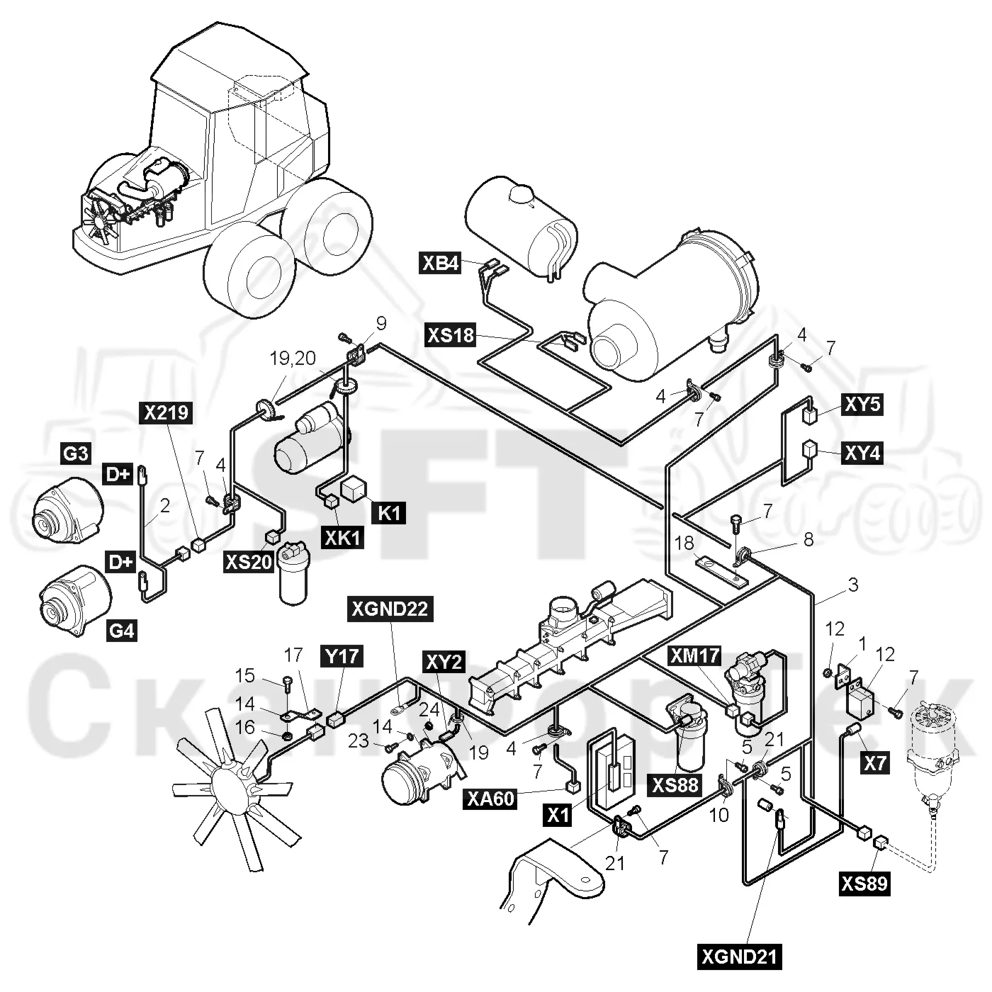 Схема: Valmet / Форвардер / Valmet 890.3 / Valmet 890.3 / Каталог запасных частей / Двигатель / Двигатель 310429- / Комплект электрооборудования / Комплект кабелей двигателя