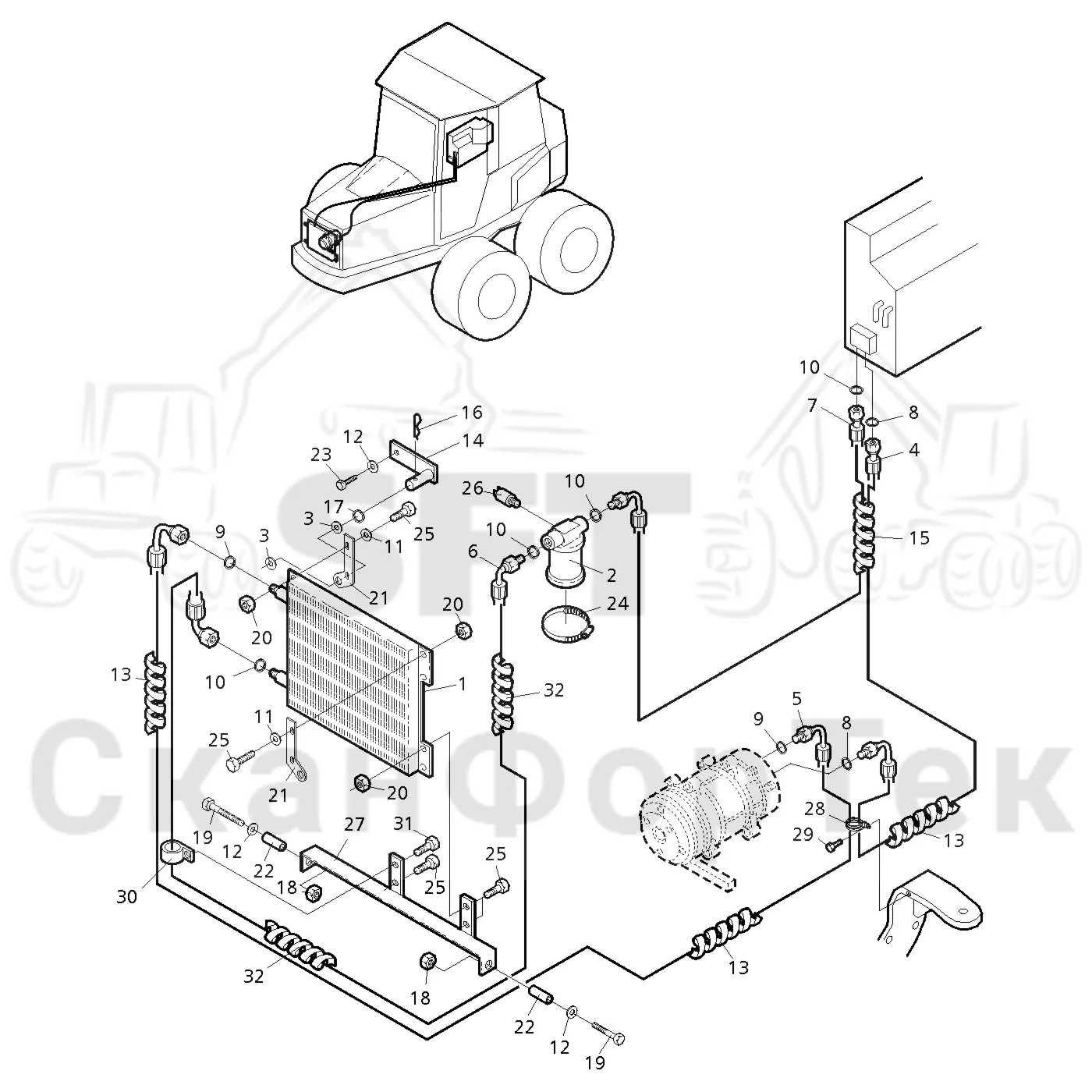 Схема: Valmet / Форвардер / Valmet 890.3 / Valmet 890.3 / Каталог запасных частей / Кабина / Система обогрева и охлаждения / Агрегат кондиционирования воздуха / Агрегат кондиционирования воздуха -310370