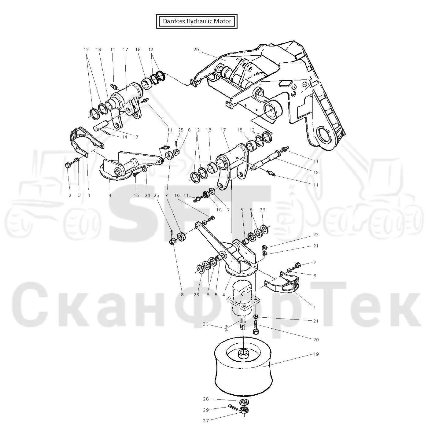 Схема: Valmet / Головки лесозаготовительной машины / Valmet 960 / Valmet 960 / Каталог запасных частей / Valmet 960 / Подача / шасси подающего ролика / шасси Danfoss