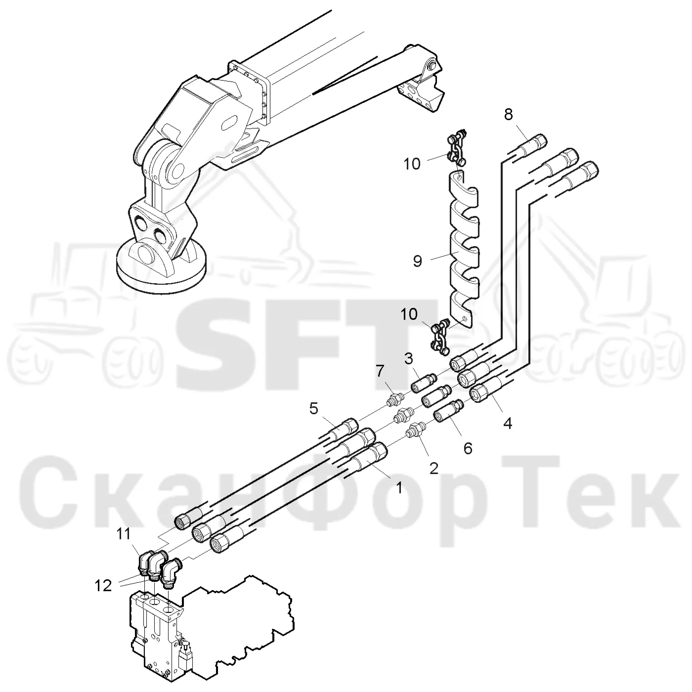 Схема: Valmet / Головки лесозаготовительной машины / Valmet 350.1 / Valmet 350.1 / Каталог запасных частей / Поворотные устройства и звенья / Подъемный кран и головка / Гидравлическое оборудование головки подъемного крана CRH / Гидравлическое оборудование головки подъемного крана CRH