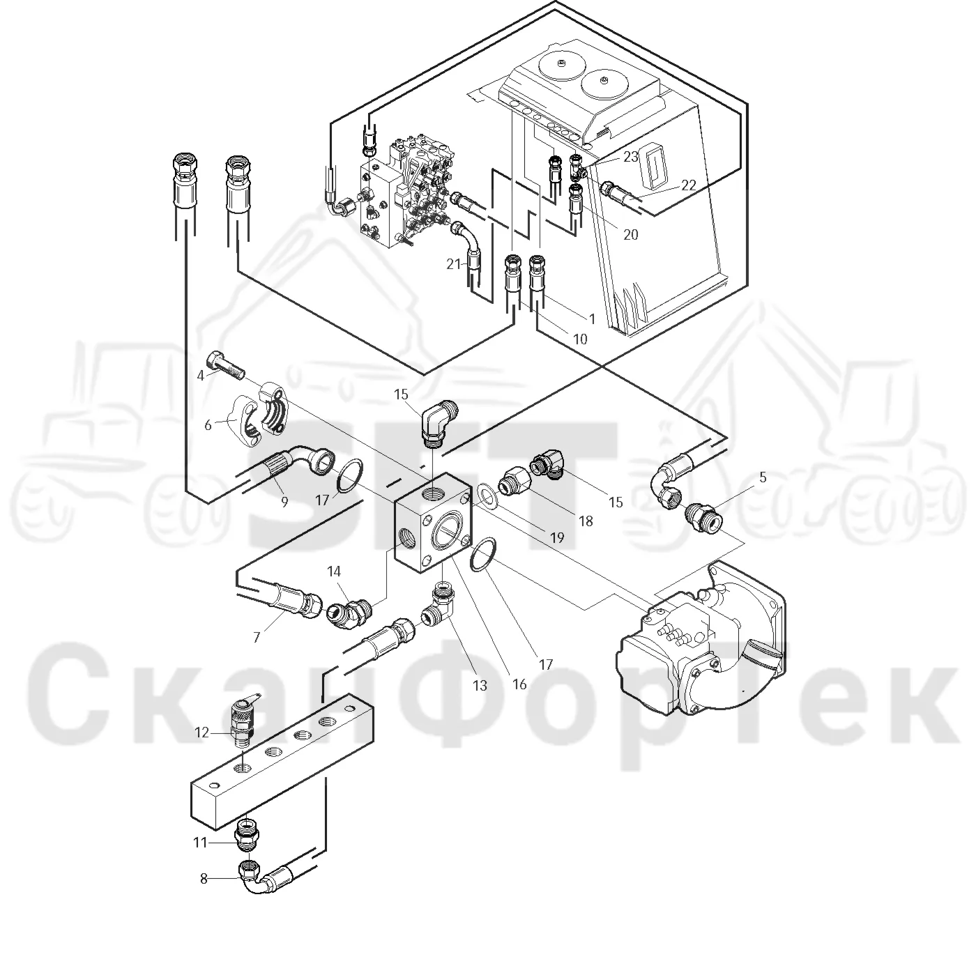Схема: Valmet / Лесозаготовительные машины / Valmet 901.1 / Valmet 901.1 / Каталог запасных частей / Гидравлика / Клапан шасси / Система впуска-выпуска