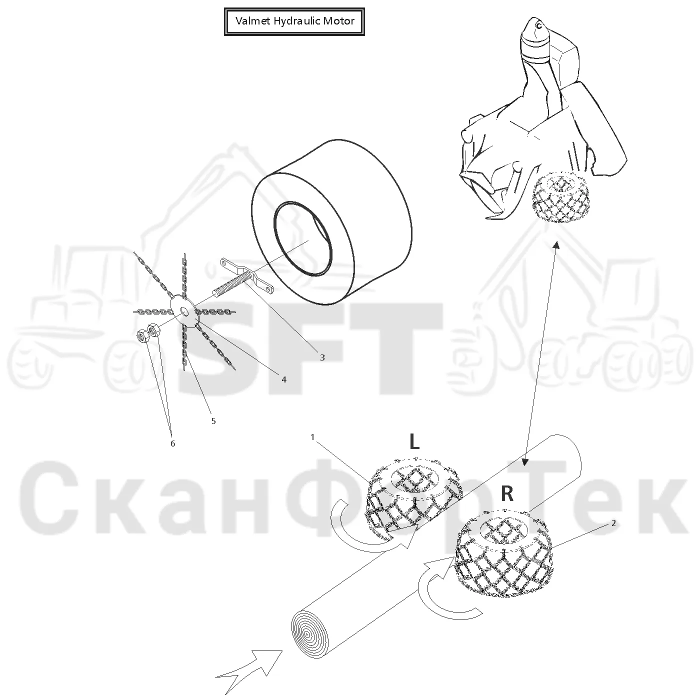 Схема: Valmet / Головки лесозаготовительной машины / Valmet 960 / Valmet 960 / Каталог запасных частей / Valmet 960 / Подача / Запасные части подающего ролика / Iaoaieci iaoy?aiey, ono?ienoai caueou io i?ineaeucuaaiey