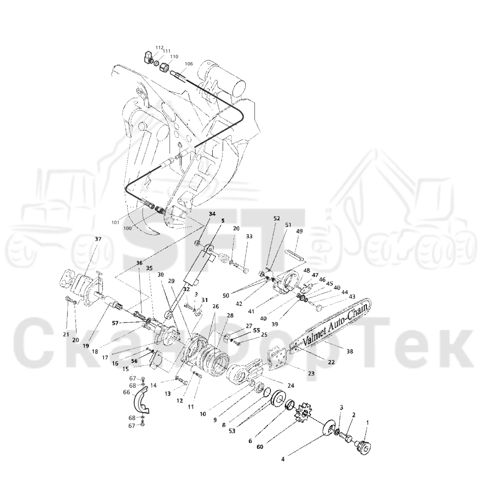 Схема: Valmet / Головки лесозаготовительной машины / Valmet 960 / Valmet 960 / Каталог запасных частей / Valmet 960 / Резка / Цилиндр устройства резки / Cutting unit-Autochain, 571-