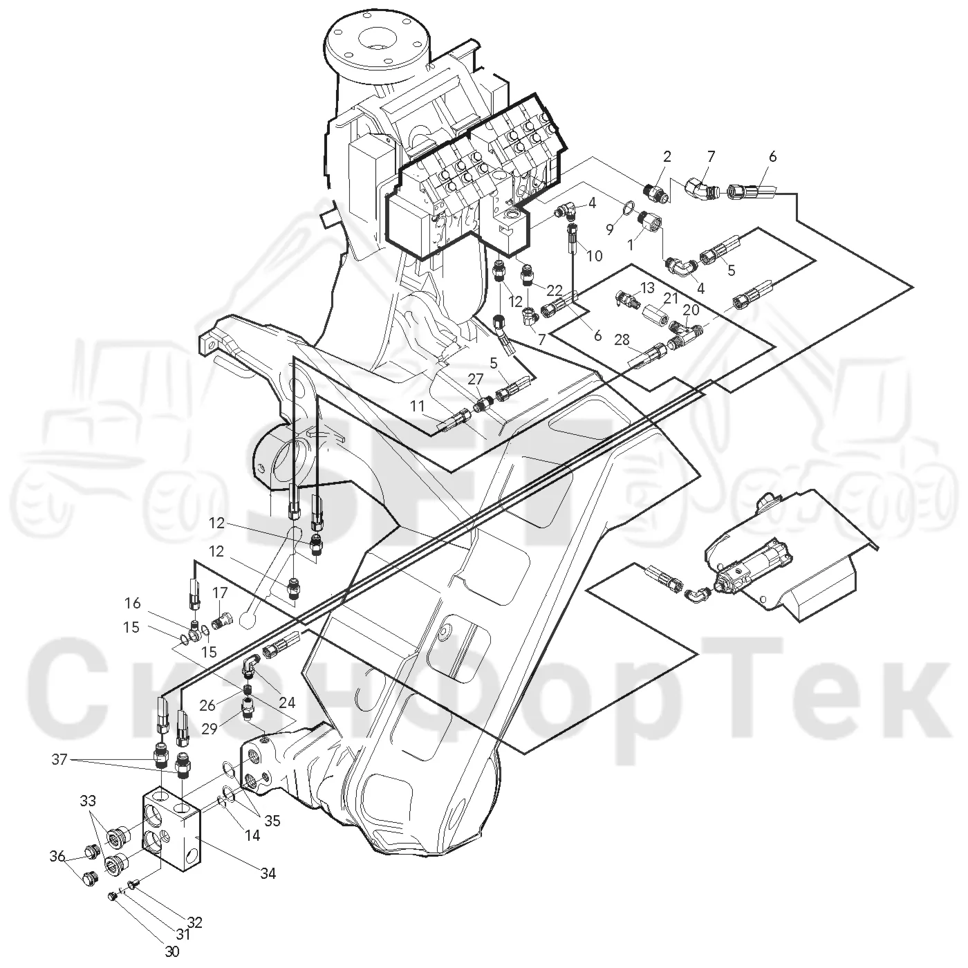 Схема: Valmet / Головки лесозаготовительной машины / Valmet 965 S2 / Valmet 965 S2 / Valmet 965 / Каталог запасных частей / Резка / Гидравлическое устройство резки / Промывка гидравлического оборудования устройства резки