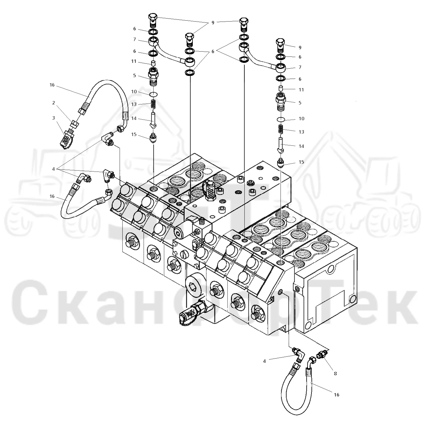 Схема: Valmet / Головки лесозаготовительной машины / Valmet 965 S2 / Valmet 965 S2 / Valmet 965 / Каталог запасных частей / Гидравлический клапан / Узел клапана / Оборудование сервоклапана, шасси 182-520