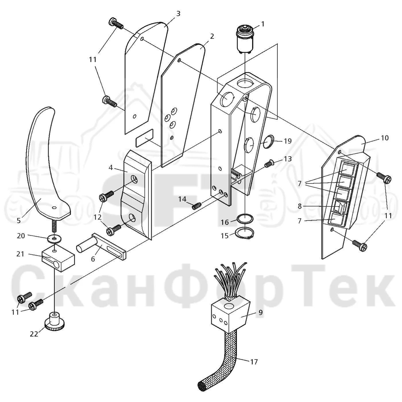 Схема: Valmet / Головки лесозаготовительной машины / Valmet 965 BR / Valmet 965 BR / Каталог запасных частей / Valmet 965 BR / шасси / Комплект электрооборудования / Ручка манипулятора левая Vмм 2000