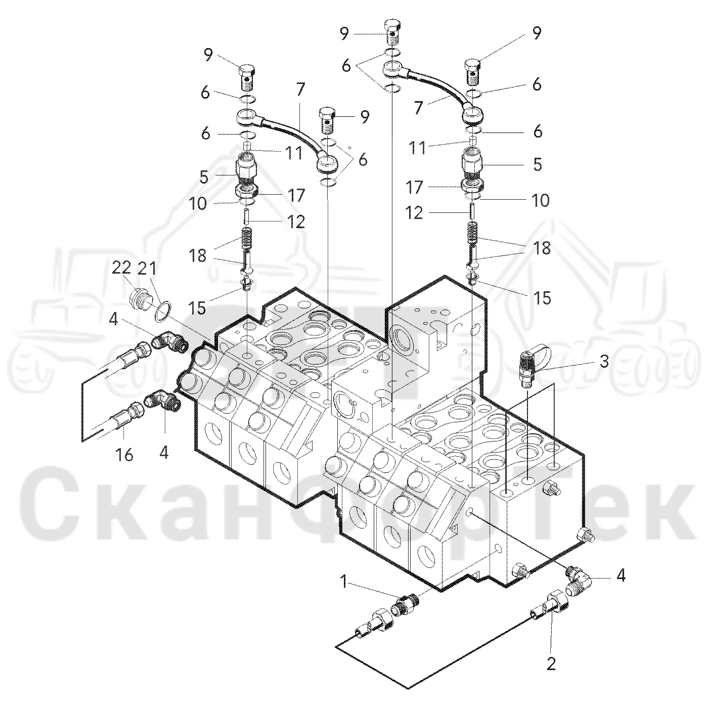 Схема: Valmet / Головки лесозаготовительной машины / Valmet 965 BR / Valmet 965 BR / Каталог запасных частей / Valmet 965 BR / Гидравлический клапан / Узел клапана / Оборудование сервоклапана, шасси 34-