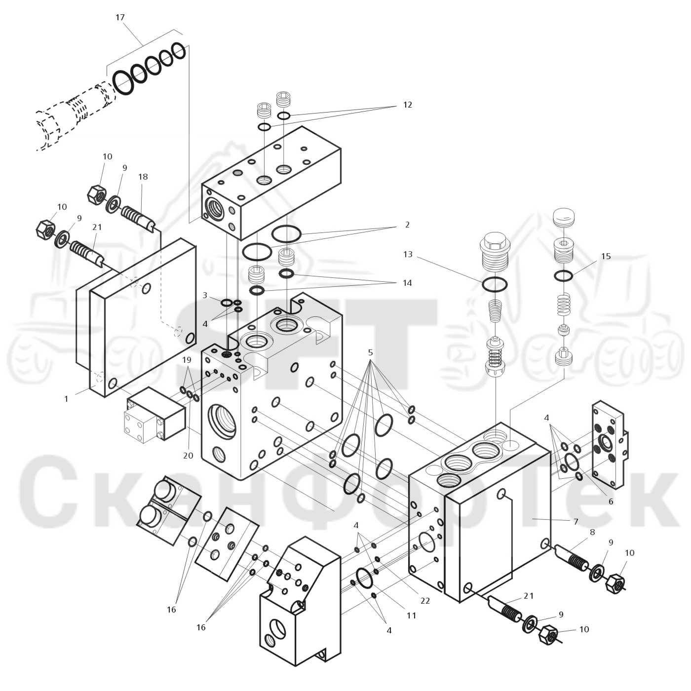 Схема: Valmet / Головки лесозаготовительной машины / Valmet 945 S2 / Valmet 945 S2 / Каталог запасных частей / Valmet 945 S2 / Гидравлический клапан / Комплект уплотнений