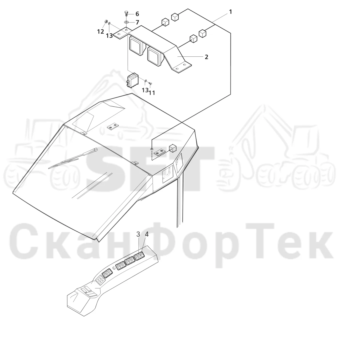 Схема: Valmet / Форвардер / Valmet 840.2 / Valmet 840.2  Ch. -211120 / Valmet 840.2  Ch. -211120 / Каталог запасных частей / Оборудование захвата / Захват / Valmet 901.2 Ch. -211060 / Каталог запасных частей / Кабина / Кабина / Рабочие лампы, ксеноновые / Галогенная лампа освещения крыши