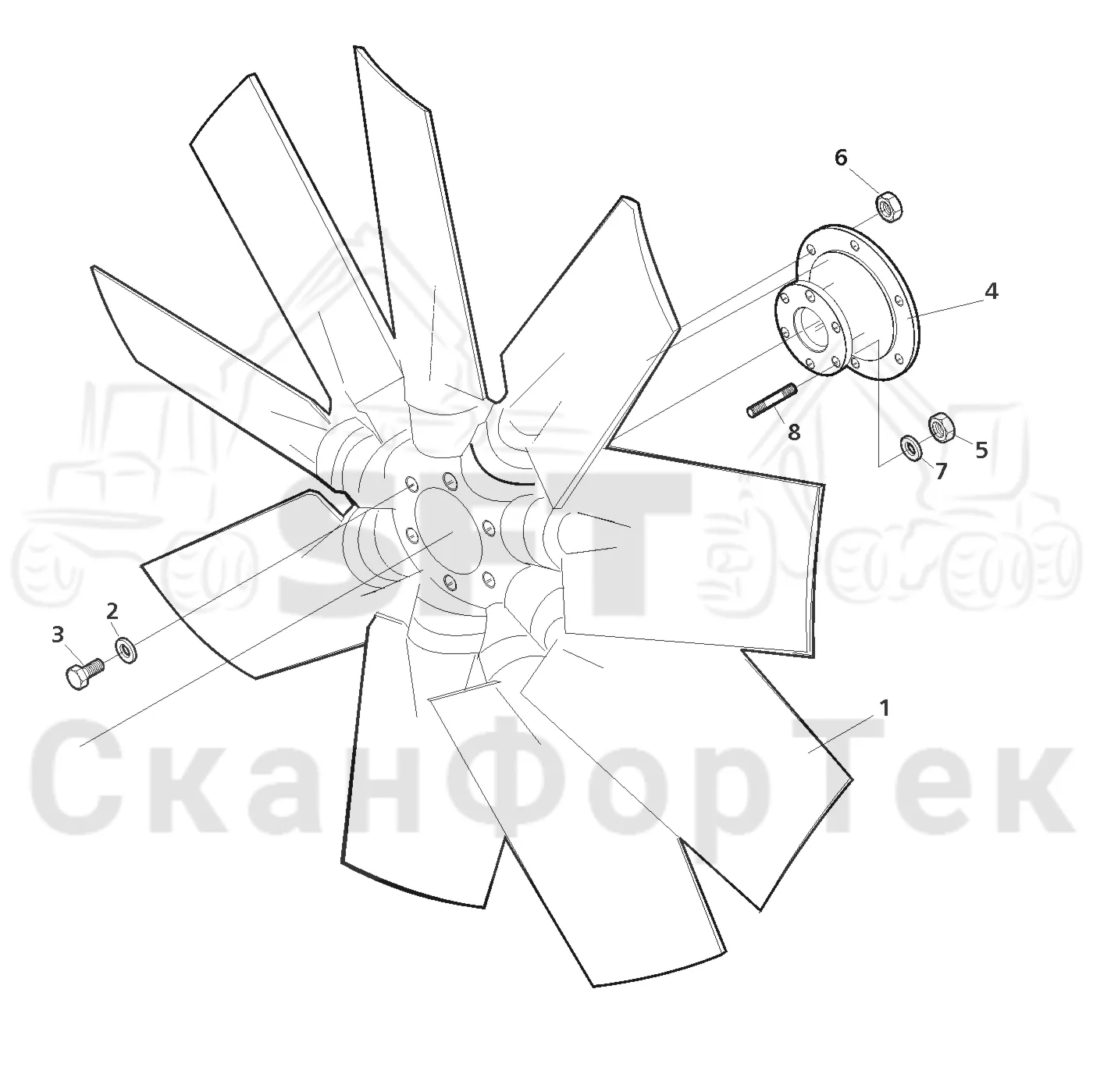 Схема: Valmet / Лесозаготовительные машины / Valmet 801 c / Valmet 801c Ch 11800- / Valmet 801c Ch 11800- / Каталог запасных частей / Двигатель / Система охлаждения / Вентилятор / Стационарно закрепленный вентилятор