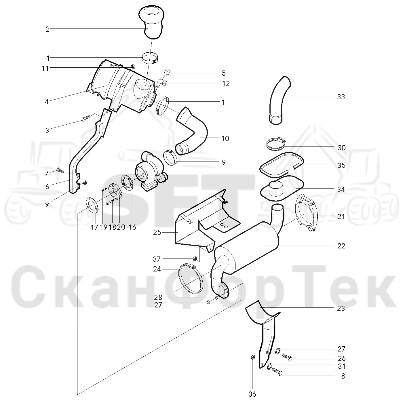Схема: Valmet / Лесозаготовительные машины / Valmet 901.1 / Valmet 901.1 / Каталог запасных частей / Двигатель / Впуск - выпуск / Выхлопная система