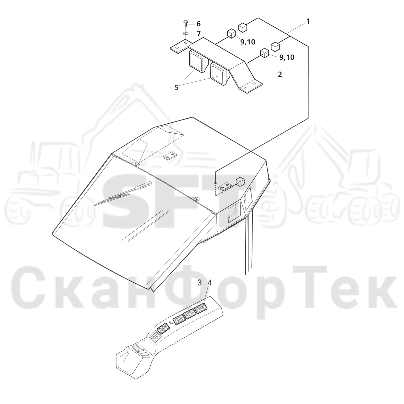 Схема: Valmet / Форвардер / Valmet 840.2 / Valmet 840.2  Ch. -211120 / Valmet 840.2  Ch. -211120 / Каталог запасных частей / Оборудование захвата / Захват / Valmet 901.2 Ch. -211060 / Каталог запасных частей / Кабина / Кабина / Рабочие лампы, галогеновые / Галогенная лампа освещения крыши