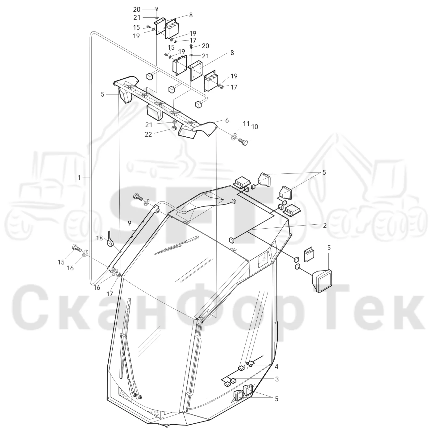 Схема: Valmet / Лесозаготовительные машины / Valmet 801 c / Valmet 801c Ch 11800- / Valmet 801c Ch 11800- / Каталог запасных частей / Кабина / Кабина / Рабочие лампы, ксеноновые / Рабочие лампы ксеноновые