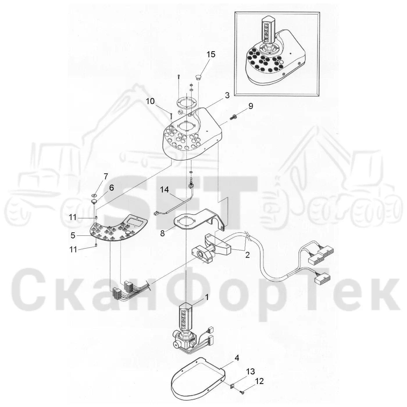 Схема: Valmet / Лесозаготовительные машины / Valmet 801 c / Valmet 801c Ch 11800- / Valmet 801c Ch 11800- / Каталог запасных частей / Система управления / Регулятор / Электрический набор Малогабаритные рычаги / Рычаги управления левый