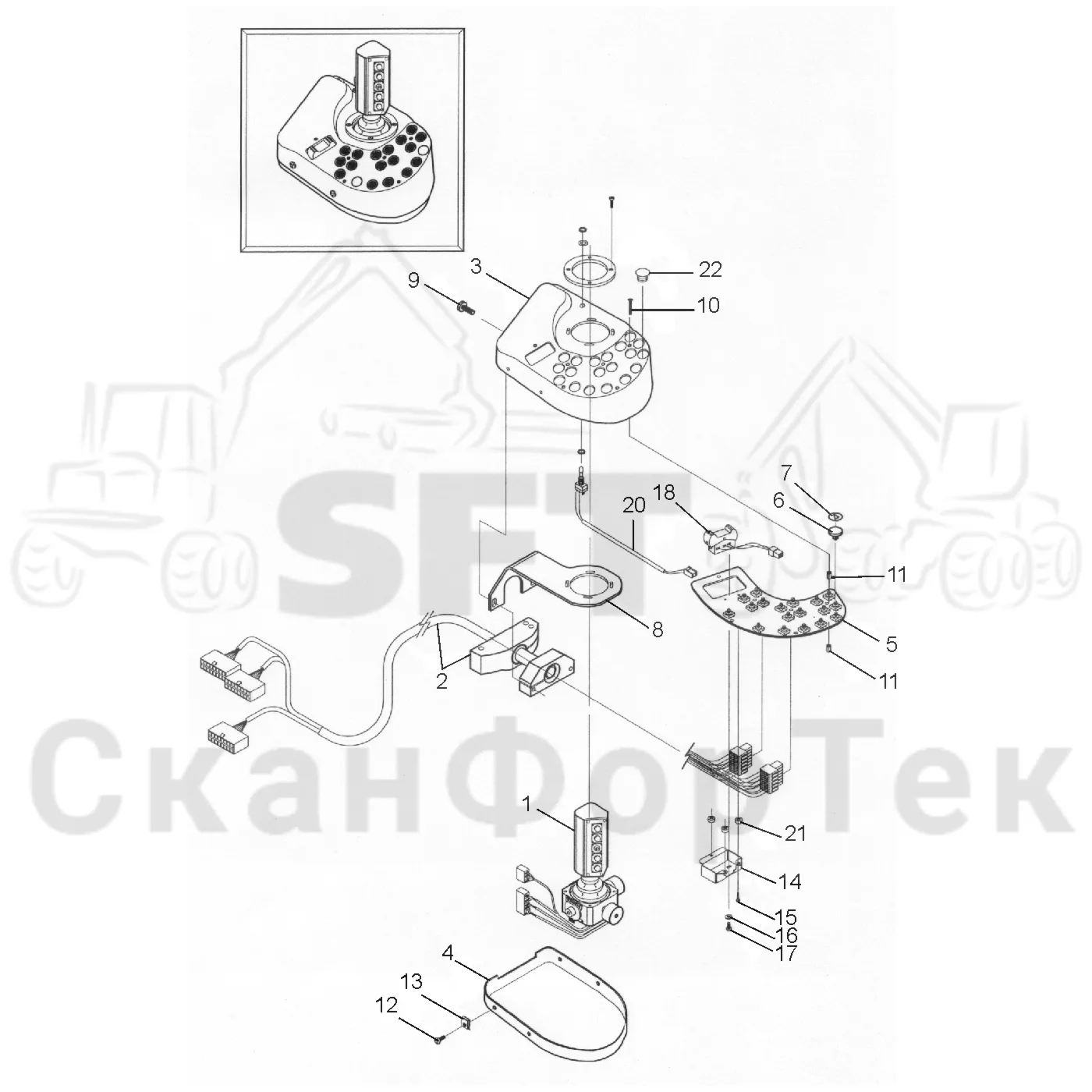 Схема: Valmet / Лесозаготовительные машины / Valmet 901.3 / Valmet 901.3 Ch. 311191- / Valmet 901.3 Ch. 311191- / Каталог запасных частей / Система управления / Регулятор / Электрический набор Малогабаритные рычаги / Рычаги управления правый