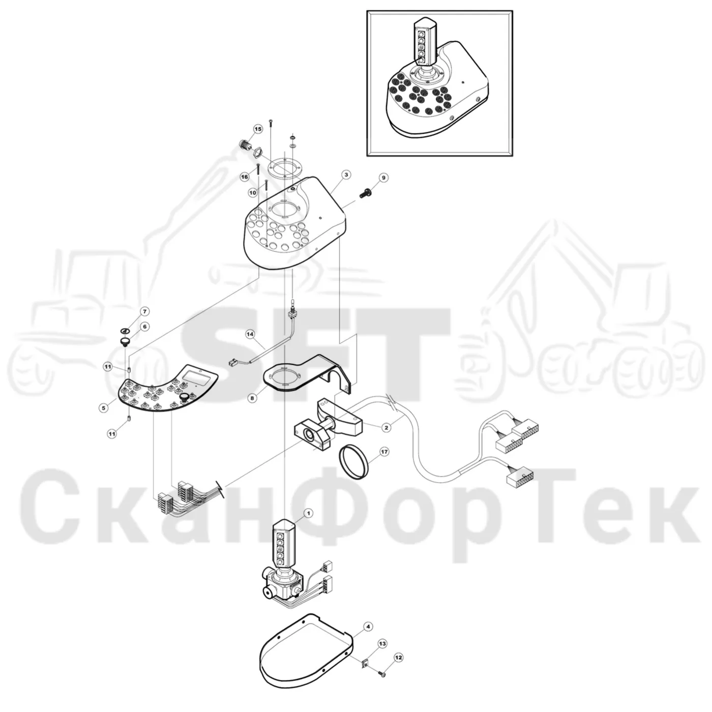 Схема: Valmet / Лесозаготовительные машины / Valmet 901.3 / Valmet 901.3 Ch. 311191- / Valmet 901.3 Ch. 311191- / Каталог запасных частей / Система управления / Регулятор / Электрический набор Малогабаритные рычаги / Рычаги управления левый