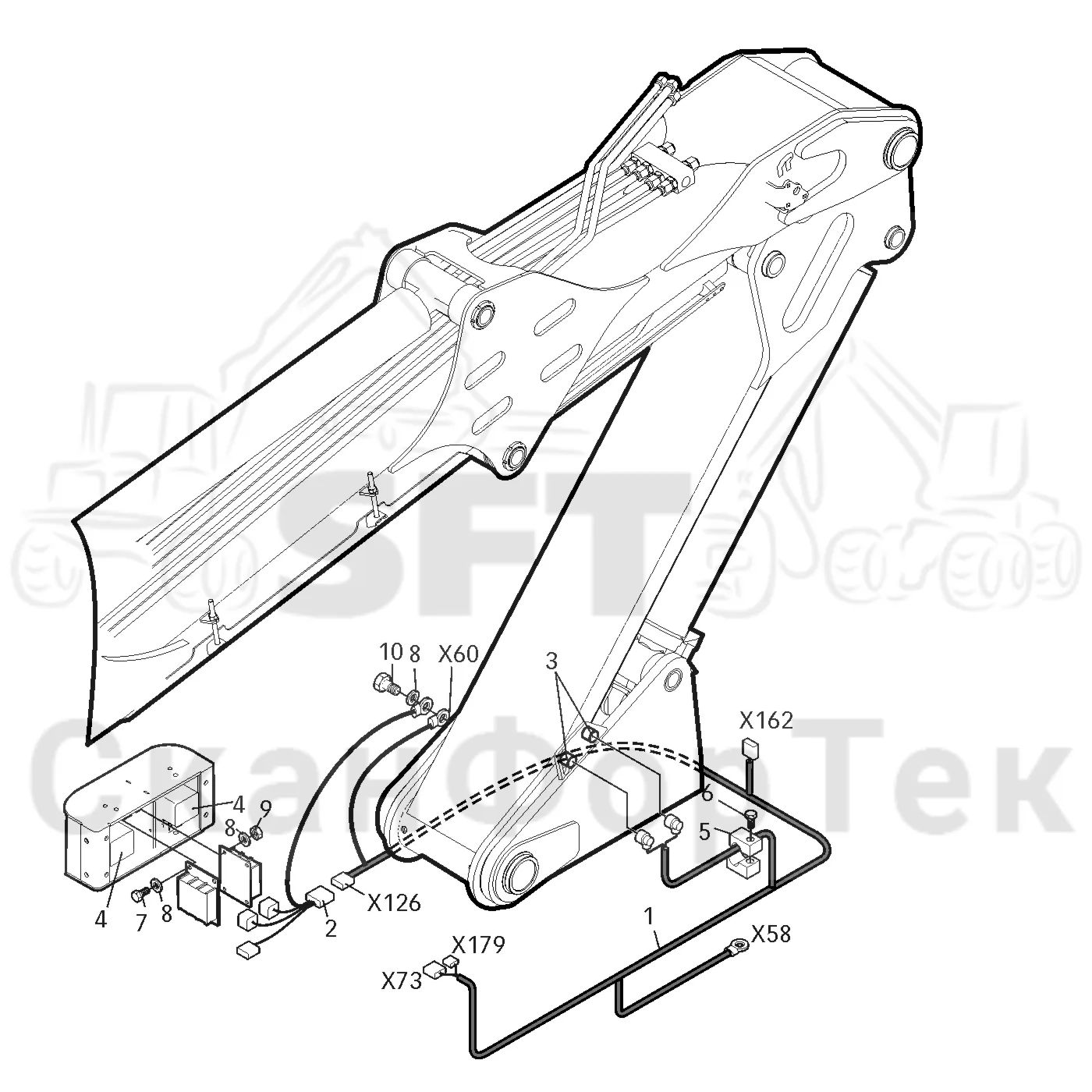 Схема: Valmet / Лесозаготовительные машины / Valmet 801 c / Valmet 801c Ch 11800- / Valmet 801c Ch 11800- / Каталог запасных частей / Подъемный кран / Комплект электрооборудования / Рабочие лампы / Рабочие лампы, ксеноновые