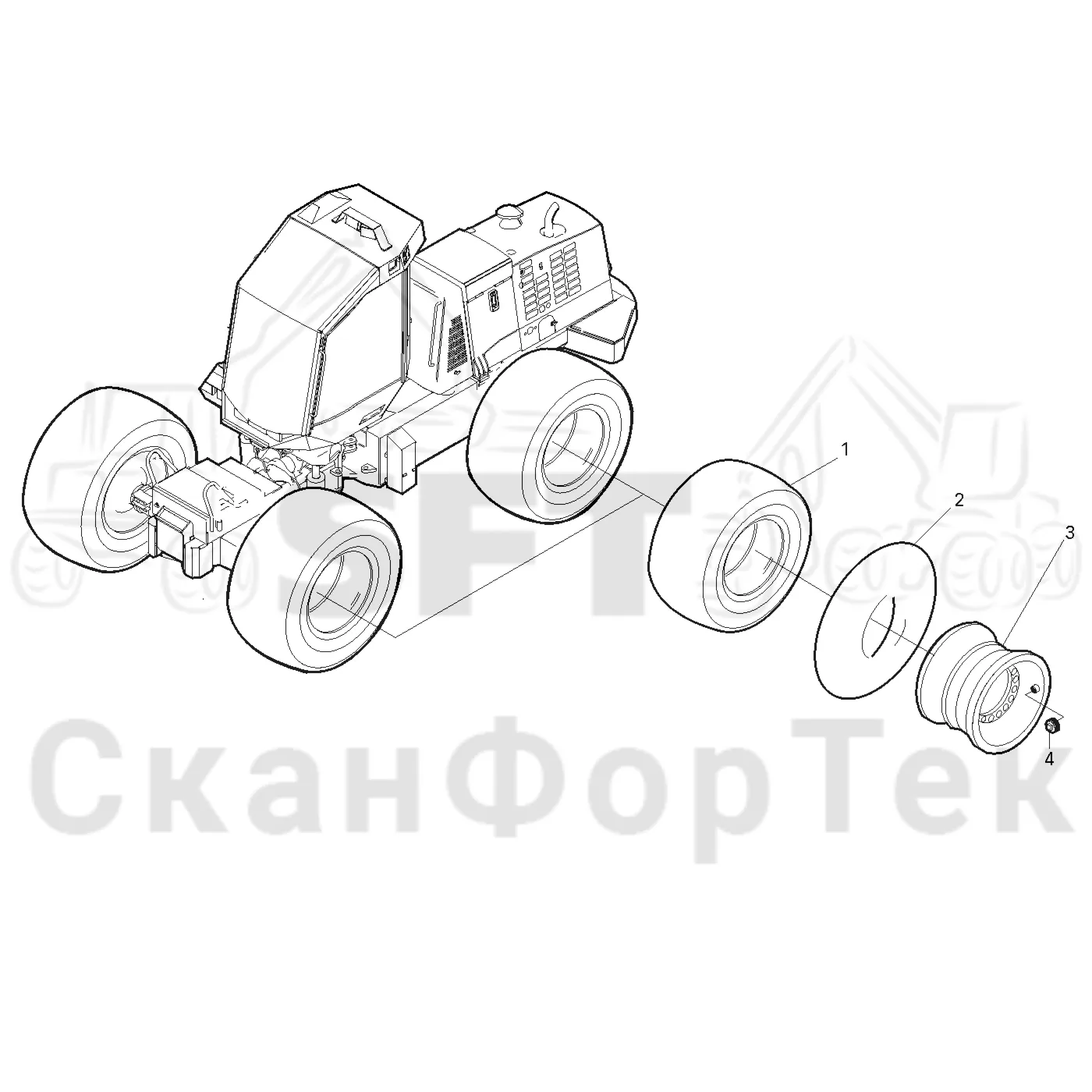 Схема: Valmet / Лесозаготовительные машины / Valmet 911.3 / Valmet 911.3 Ch 311371- / Valmet 911.3 Ch 311372- / Каталог запасных частей / Коробка передач / Оборудование шин / Оборудование шин на 4 колеса / Trelleborg
