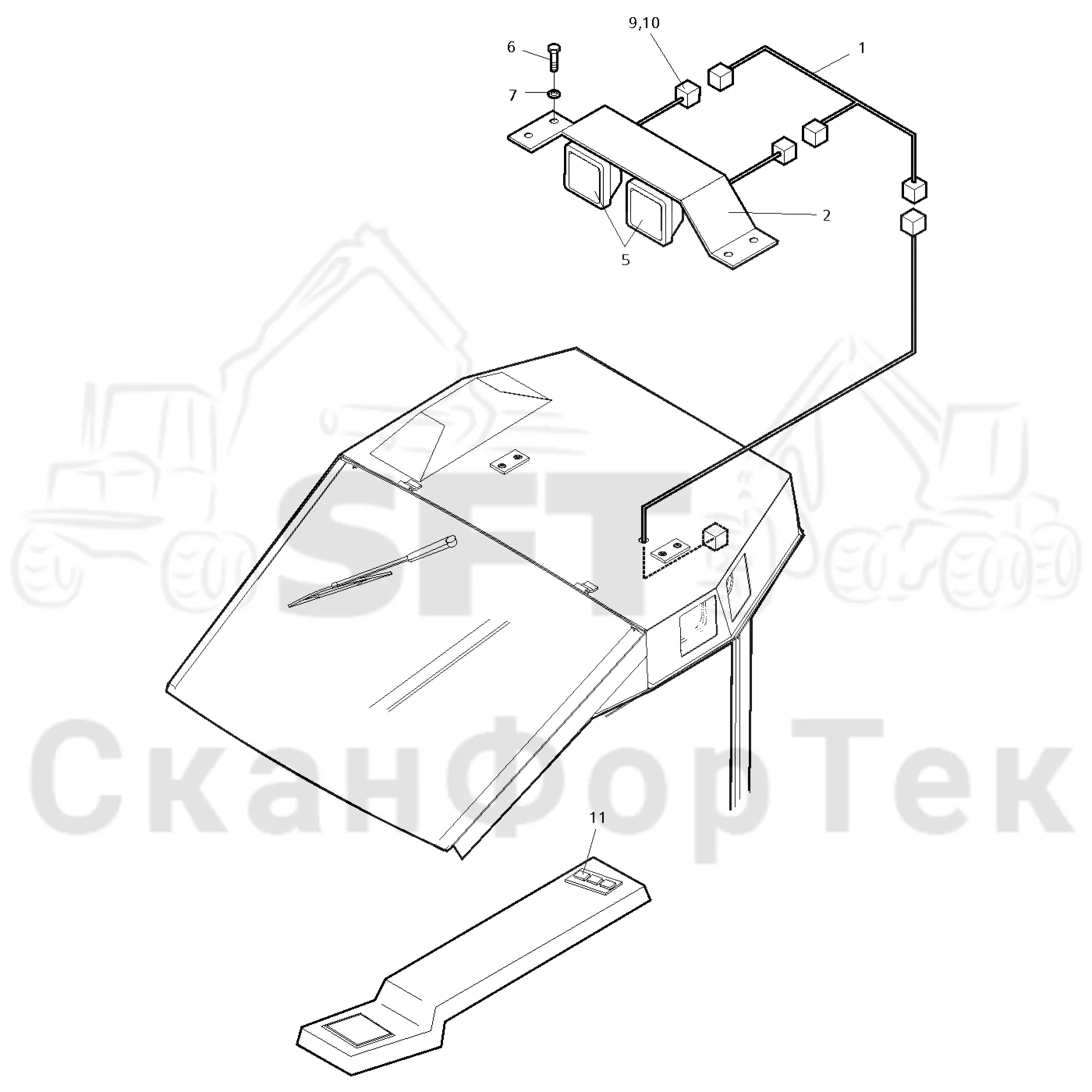 Схема: Valmet / Лесозаготовительные машины / Valmet 921 / Valmet 921 Ch -13270 / Valmet 921 Ch -13270 / Каталог запасных частей / Кабина / Кабина / Рабочие лампы, галогеновые / Рабочие лампы установленный на крыше
