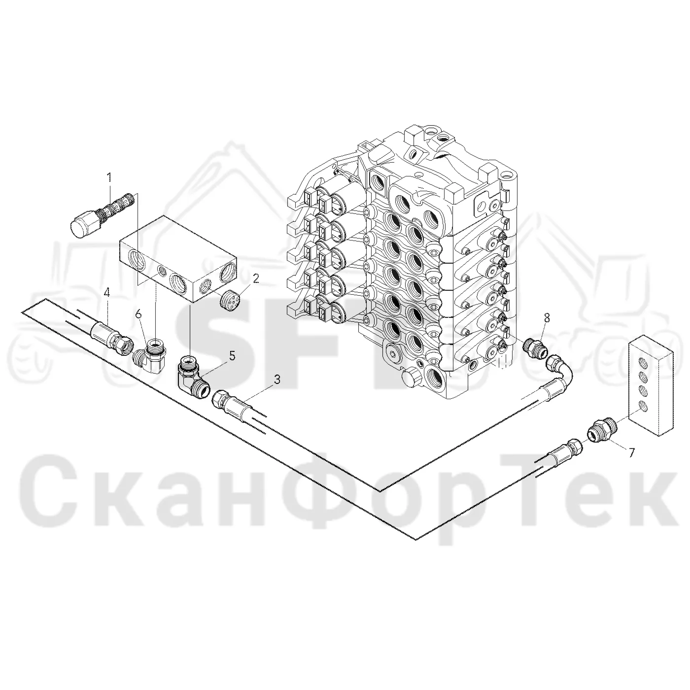 Схема: Valmet / Лесозаготовительные машины / Valmet 921 / Valmet 921 Ch -13270 / Valmet 921 Ch -13270 / Каталог запасных частей / Подъемный кран / Прокладка шланга / 1600 crane / Опускание резки