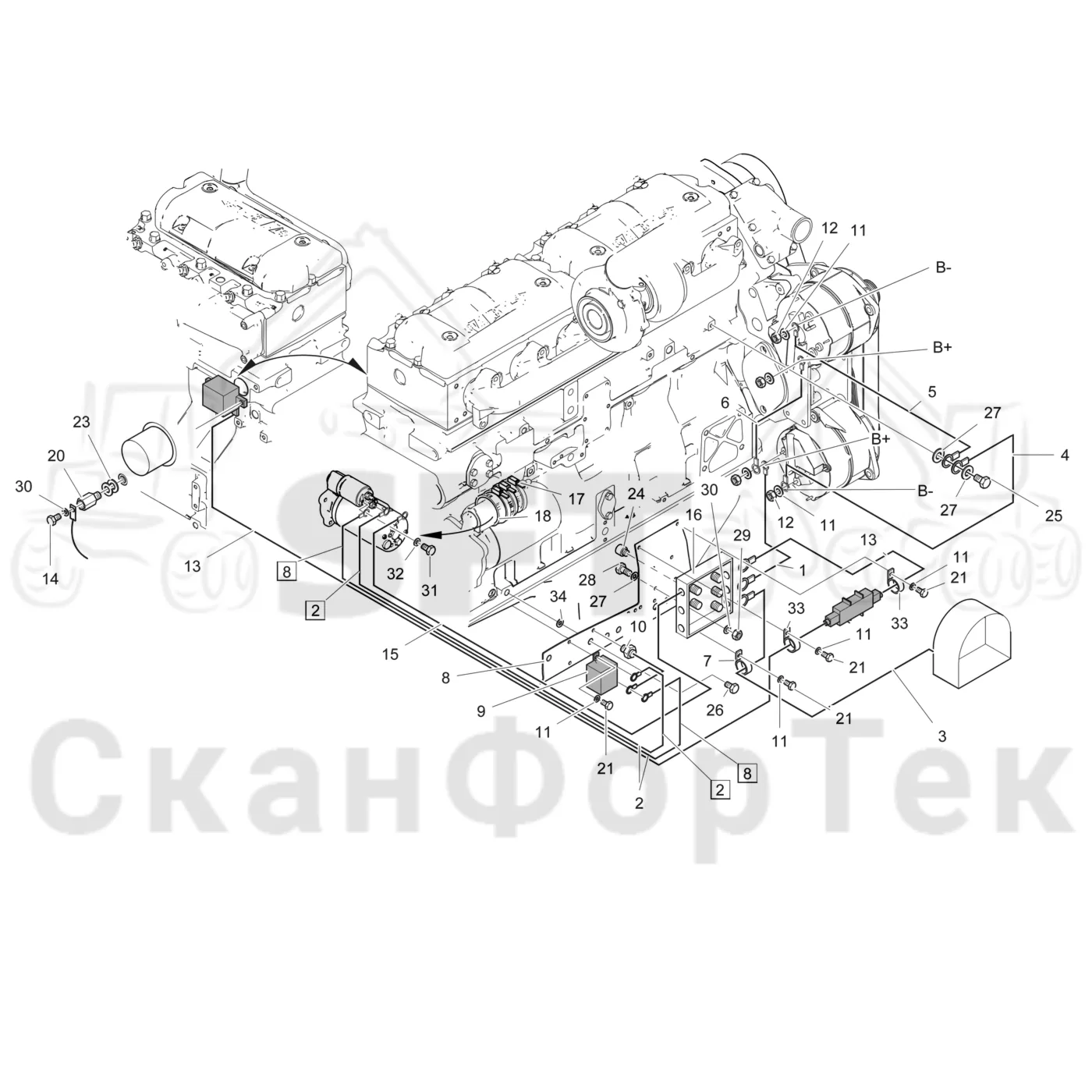 Схема: Valmet / Лесозаготовительные машины / Valmet 901.3 / Valmet 901.3 Ch. 311191- / Valmet 901.3 Ch. 311191- / Каталог запасных частей / Двигатель / Двигатель 311346- / Электродвигатель стартера / Комплект электрооборудования электродвигателя стартера