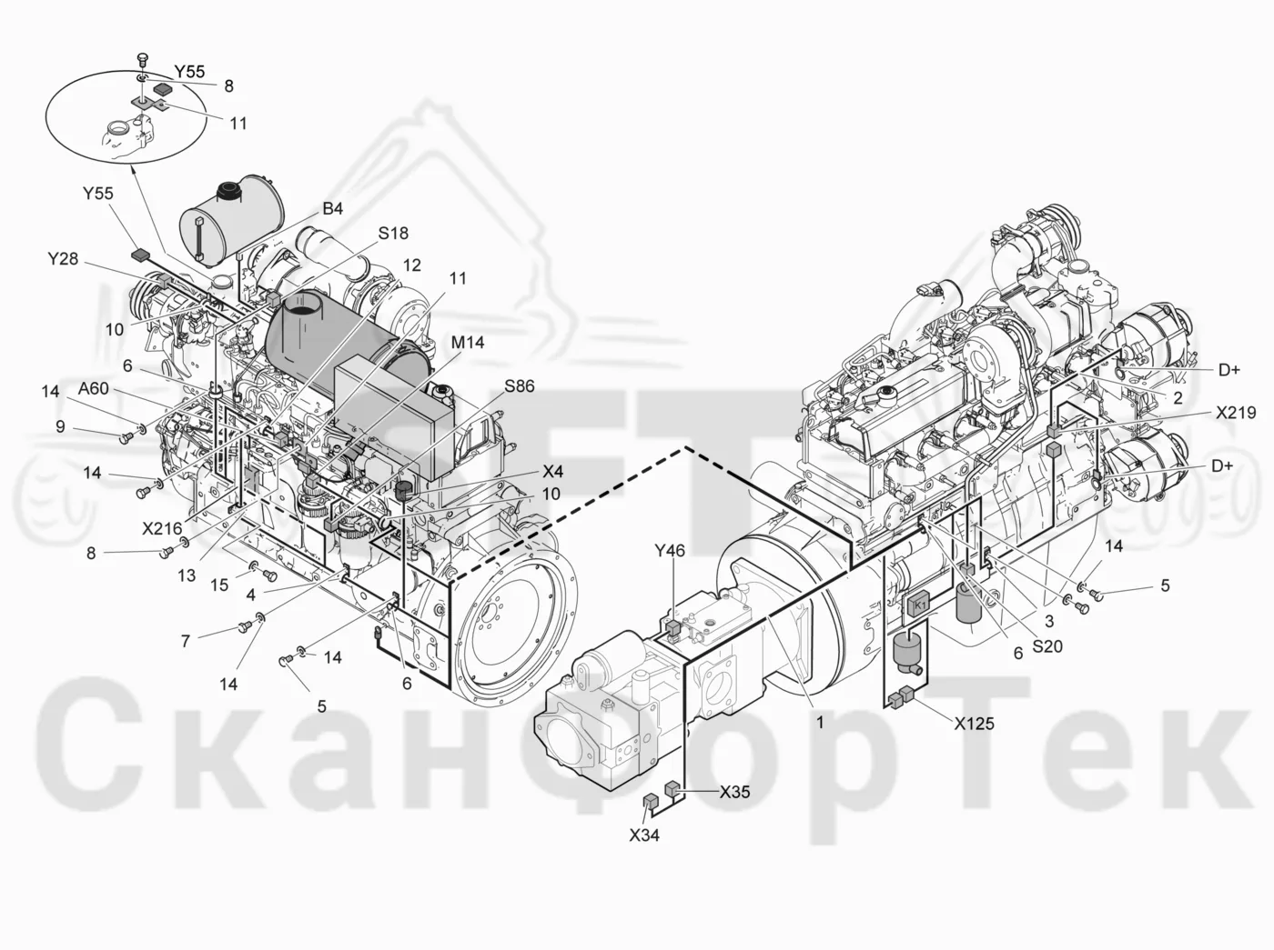 Схема: Valmet / Лесозаготовительные машины / Valmet 911.3 / Valmet 911.3 Ch 311371- / Valmet 911.3 Ch 311372- / Каталог запасных частей / Двигатель / Двигатель -311755 / Комплект электрооборудования / Комплект кабелей двигателя