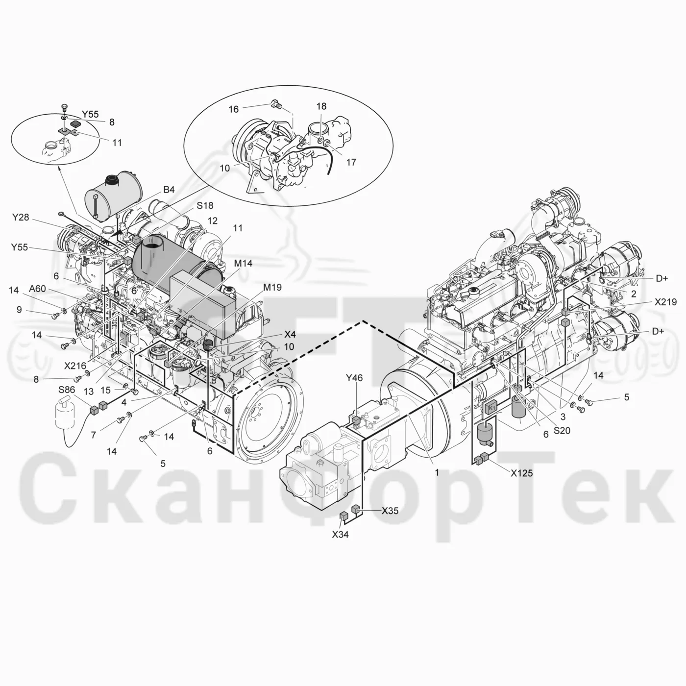 Схема: Valmet / Лесозаготовительные машины / Valmet 911.3 / Valmet 911.3 Ch 311371- / Valmet 911.3 Ch 311372- / Каталог запасных частей / Двигатель / Двигатель -311755 / Комплект электрооборудования / Комплект кабелей двигателя Ch. 311663-