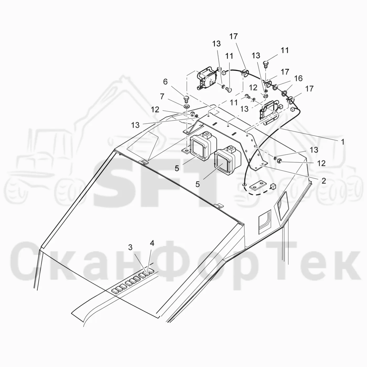 Схема: Valmet / Лесозаготовительные машины / Valmet 901.3 / Valmet 901.3 Ch. 311191- / Valmet 901.3 Ch. 311191- / Каталог запасных частей / Кабина / Кабина / Рабочие лампы, ксеноновые / Галогенная лампа освещения крыши 311401-